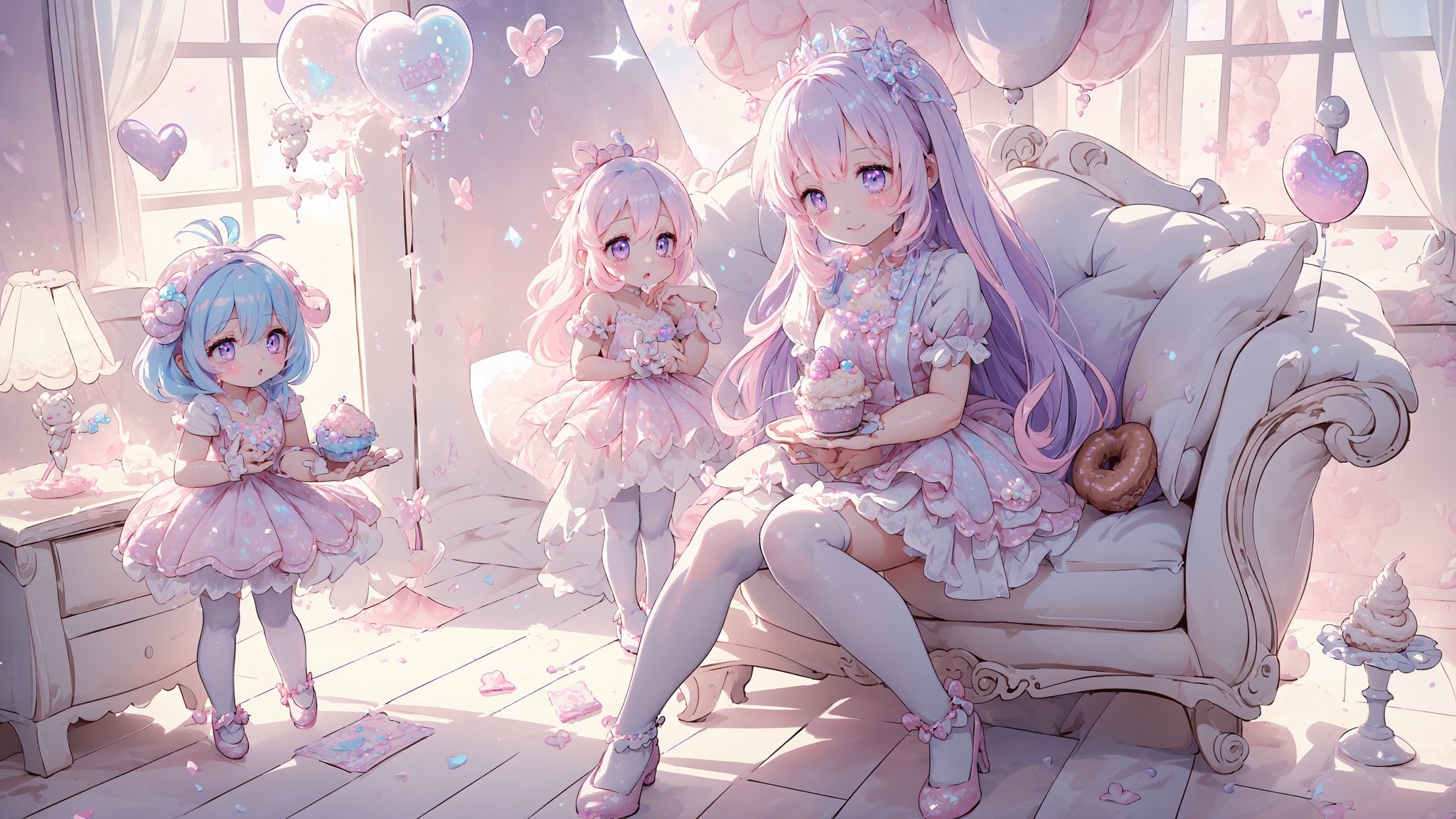 (((1girl, bright white hair, long hair, purple eyes, lolita dress, white dress, short dress, white thigh stockings, small breasts, pale skin, soft skin, rainbow, hearts, heart pillows, pastel, crystals, halo, colorful, pink, purple, blue, doll)) 
((sunlight coming through window)) 
((background, cute home))
((light atmosphere))
((dolls in home))
((sitting up, fullbody))
((4 children))
(fluffy, soft, light, bright, sparkles, twinkle, cute, pink, purple, blue, clouds, pastel, light colors, glitter, happy, normal pupil)
best quality, masterpiece, Detailedface, high_res 8K, candyland, full background, candy, sweets, lollipop, chocolate, ice cream, swirl lollipop, strawberry, ice cream, doughnut, cake, cupcake, balloon, chocolate bar, bubble, cream, whipped cream, dessert, pastry, candy wrapper, icing, teacup, confetti