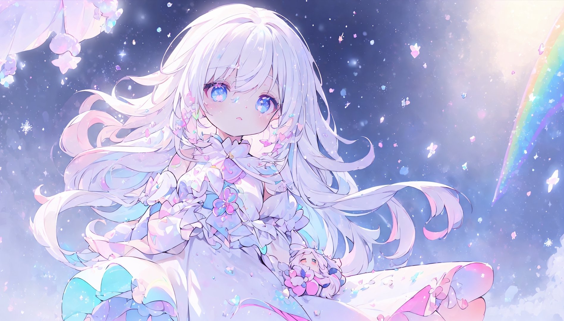 ((magical girl, white hair, rainbow eyes, doll dress, short dress, long hair, b cups, pale skin, soft skin, colorful snow background, rainbow, hearts, snow, snowing, ice, pastel, sun)), (masterpiece, best quality:1.2), fluffy, soft, light, bright, sparkles, twinkle, slightly downcast eyes, cute, pink, purple, crystals