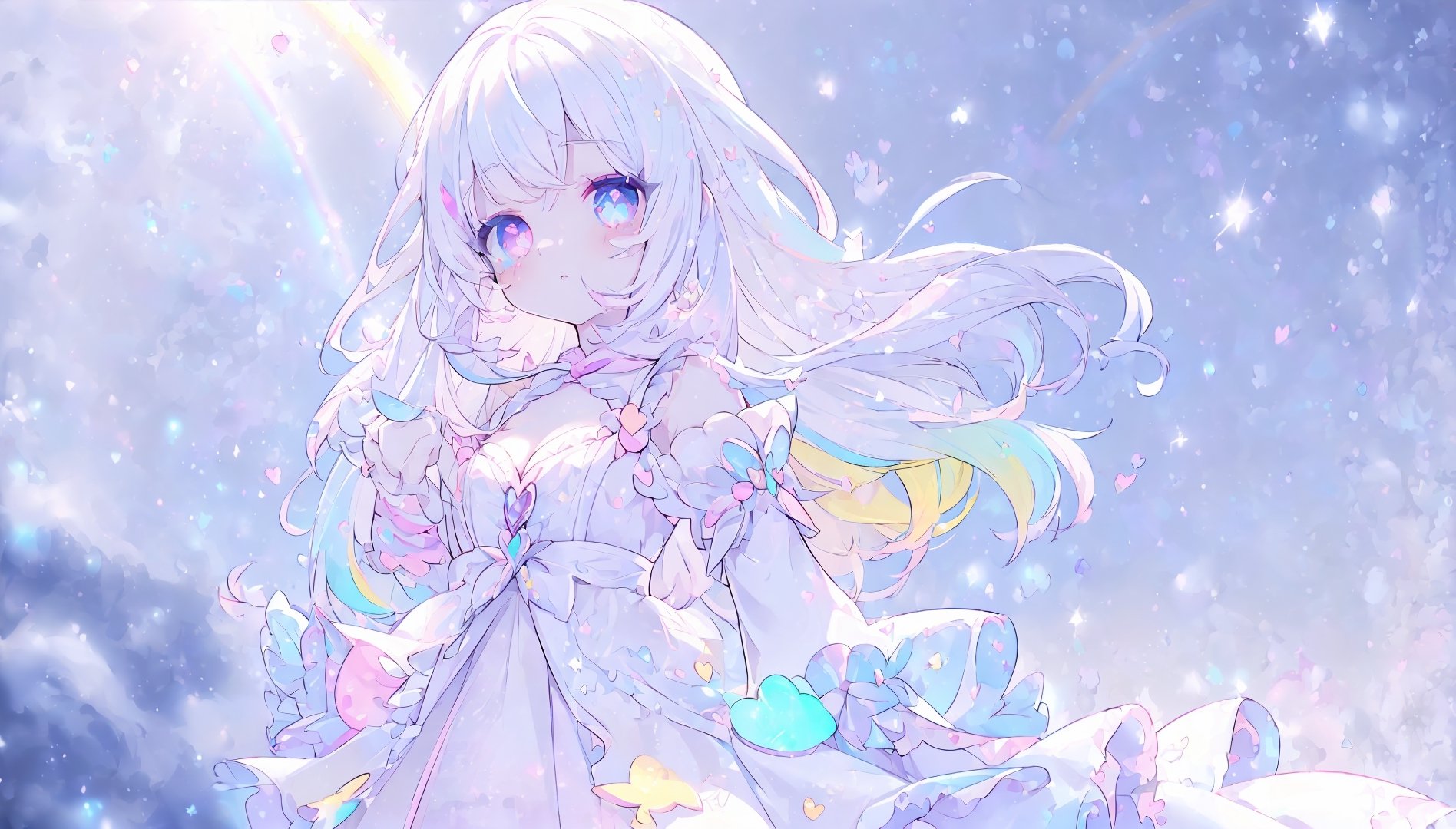 ((magical girl, white hair, rainbow eyes, doll dress, short dress, long hair, b cups, pale skin, soft skin, colorful snow background, rainbow, hearts, snow, snowing, ice, pastel, sun)), (masterpiece, best quality:1.2), fluffy, soft, light, bright, sparkles, twinkle, slightly downcast eyes, cute, pink, purple, crystals