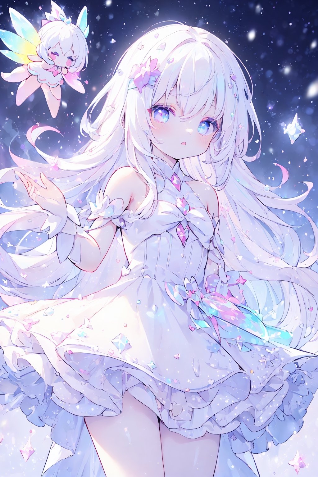 ((magical girl, white hair, rainbow eyes, doll dress, short dress, long hair, small breasts, pale skin, soft skin, colorful snow background, rainbow, hearts, snow, snowing, ice, pastel, sun)), (masterpiece, best quality:1.2), fluffy, soft, light, bright, sparkles, twinkle, slightly downcast eyes, cute, pink, purple, crystals