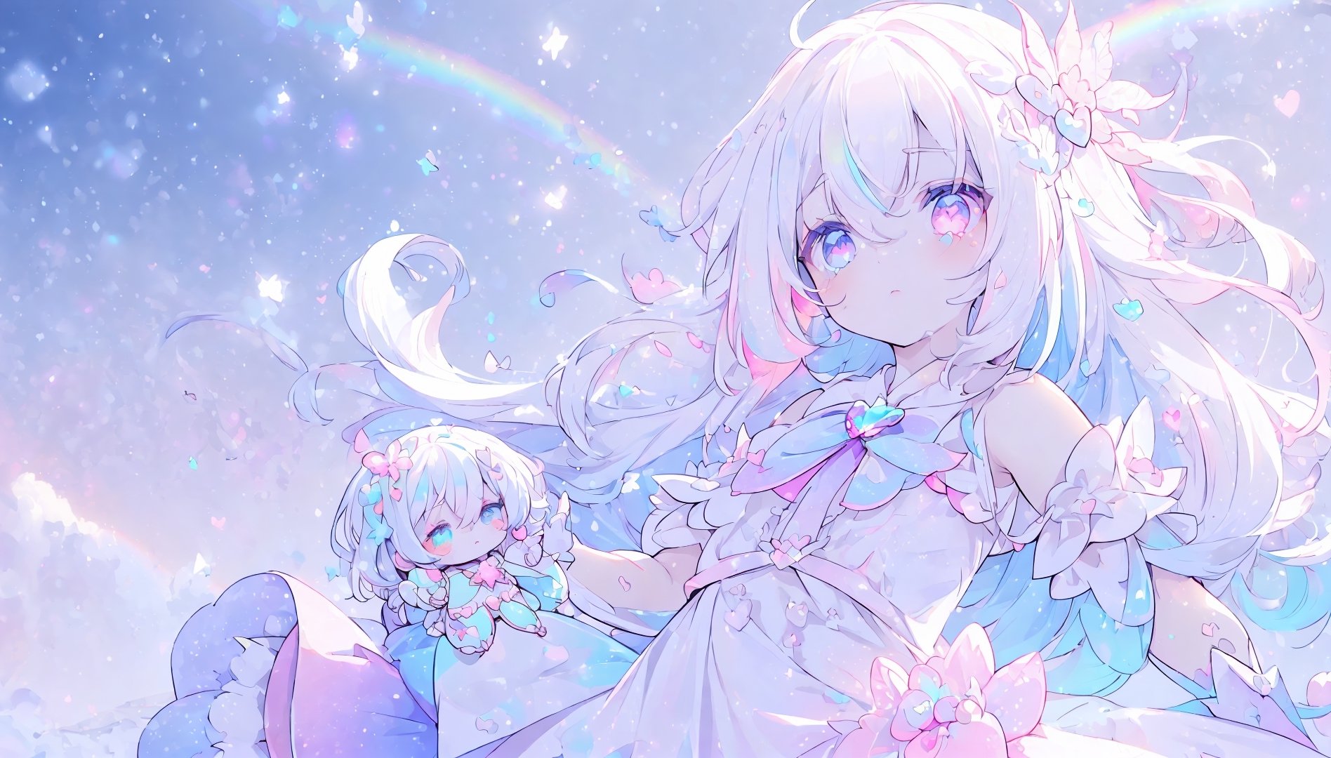 ((magical girl, white hair, rainbow eyes, doll dress, short dress, long hair, b cups, pale skin, soft skin, colorful snow background, rainbow, hearts, snow, snowing, ice, pastel, sun)), (masterpiece, best quality:1.2), fluffy, soft, light, bright, sparkles, twinkle, slightly downcast eyes, cute, pink, purple, crystals