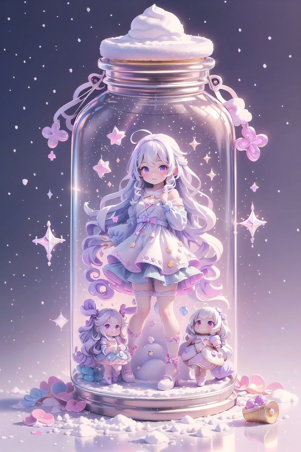 ((magical girl, rainbow, white hair, doll dress, short dress, long hair, purple eyes, small breasts, pale skin, soft skin, colorful snow background, rainbow, hearts, snow, snowing, ice, pastel, sun, clouds, sparkles, twinkle, crystals, stars)) (((white hair))),( fluffy, soft, light, bright, slightly downcast eyes, cute, pink, purple,  candy, sweets) (masterpiece, best quality:1.2), (on toy figure stand), glass bottle,  jar, gib\(concept\),bottle,kawaiitech