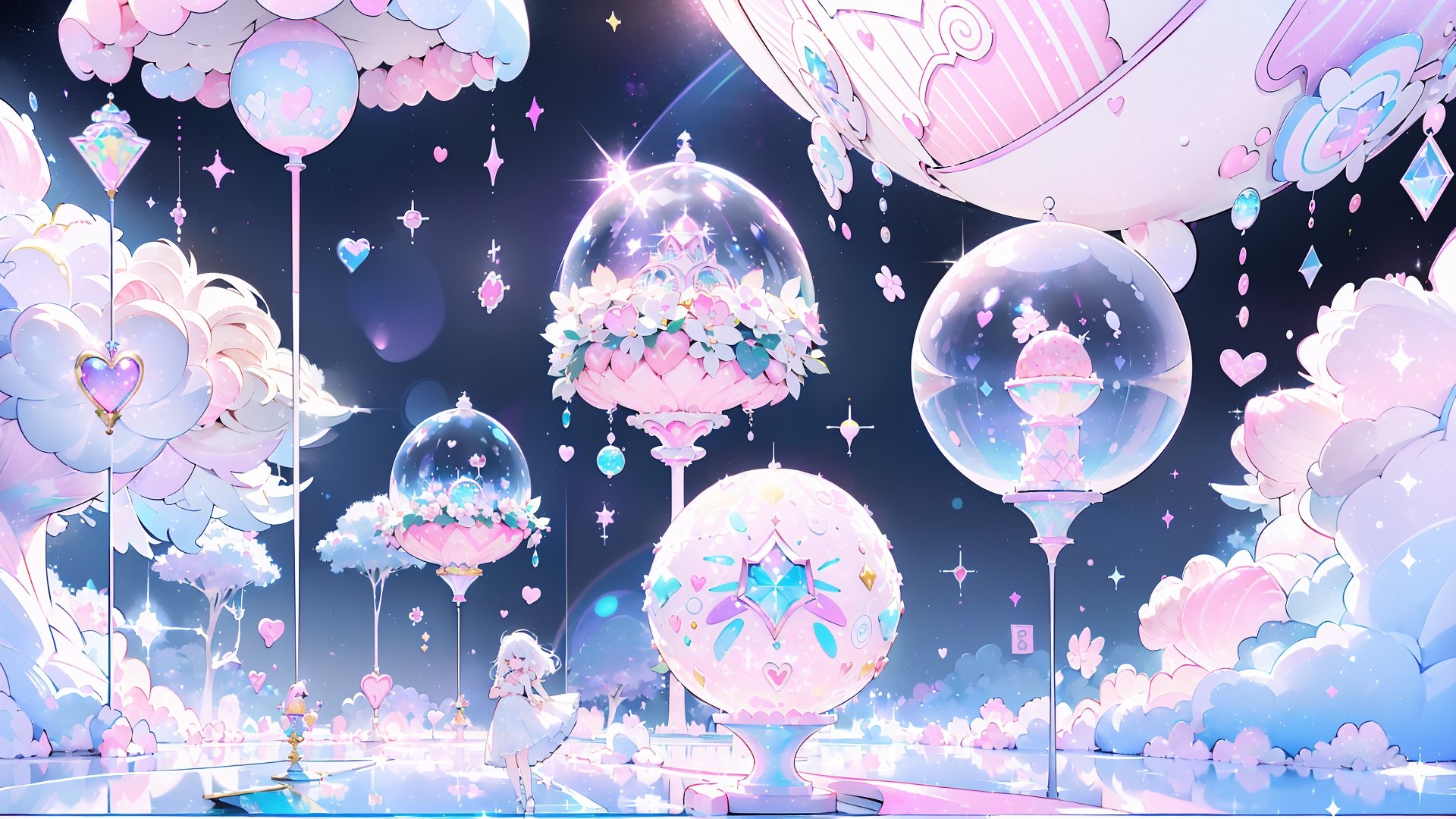 ((((1girl, bright white hair, long hair, purple eyes, pale skin, lolita dress, white dress, short dress, white thigh stockings, small breasts, pale skin, soft skin, rainbow, hearts, pastel, crystals, halo, colorful, doll, pink, purple, blue))))
(((flat ground, ground with white water, ground with glowing pastel rainbow color running through water)))
(((sky with clouds, sphere of magical white energy in the top of the sky, pastel rainbow sparkles on the edge of sphere of magical white energy, magical ribbons of pastel rainbow colors sirwling into sphere of magical white energy in top the sky)))
((lots of dolls everywhere))
((light atmosphere))
(fluffy, soft, light, bright, sparkles, twinkle, cute, pink, purple, blue, clouds, pastel, light colors, glitter, happy, normal pupil)
best quality, masterpiece, Detailedface, high_res 8K, candyland, full background, candy, sweets, lollipop, chocolate, ice cream, swirl lollipop, strawberry, ice cream, doughnut, cake, cupcake, balloon, chocolate bar, bubble, cream, whipped cream, dessert, pastry, candy wrapper, icing, teacup, confetti, cotton candy