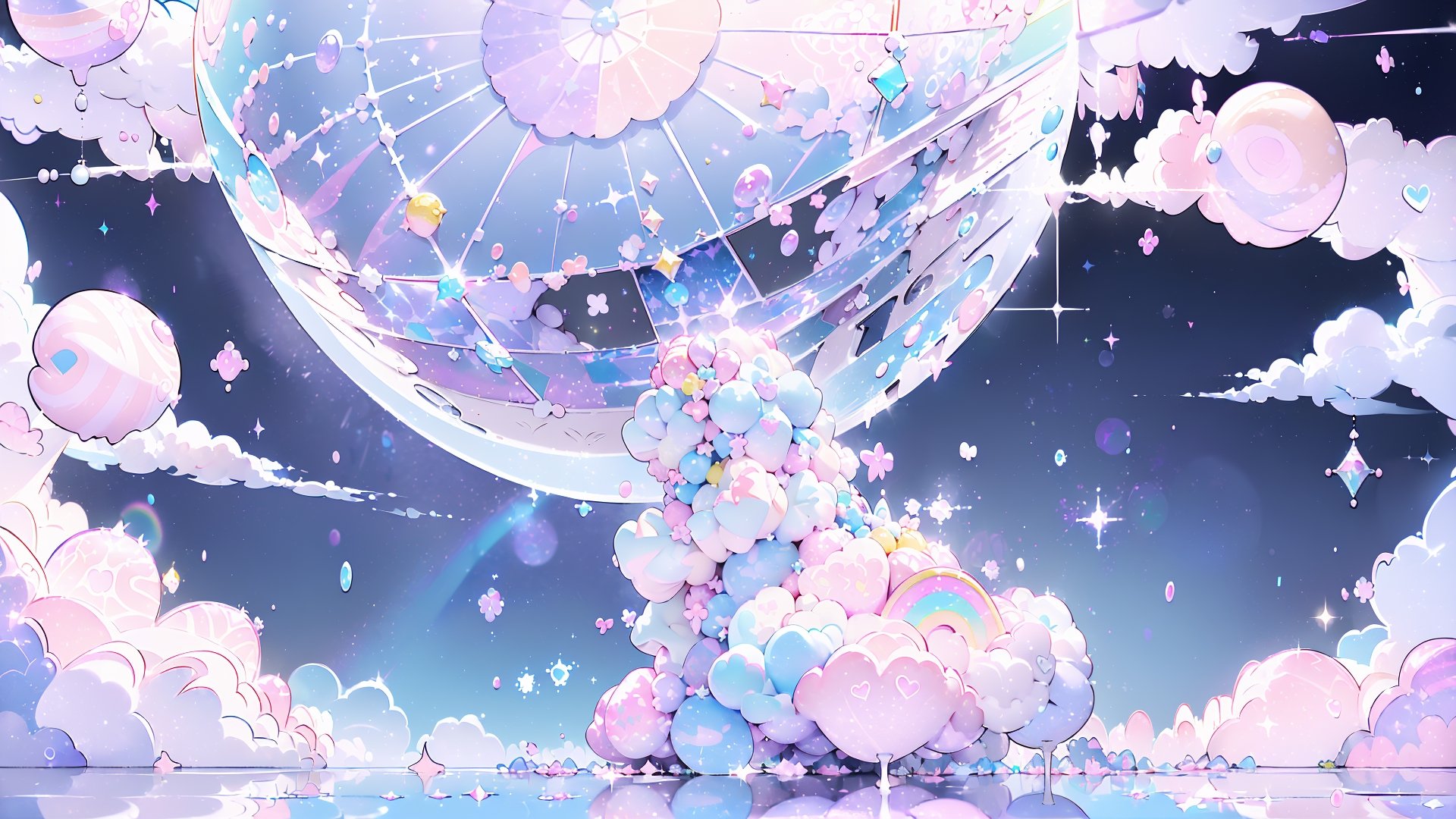 ((((1girl, bright white hair, long hair, purple eyes, pale skin, lolita dress, white dress, short dress, white thigh stockings, small breasts, pale skin, soft skin, rainbow, hearts, pastel, crystals, halo, colorful, doll, pink, purple, blue))))
(((flat ground, ground with white water, ground with glowing pastel rainbow color running through water)))
(((sky with clouds, sphere of magical white energy in the top of the sky, pastel rainbow sparkles on the edge of sphere of magical white energy, magical ribbons of pastel rainbow colors sirwling into sphere of magical white energy in top the sky)))
((lots of dolls everywhere))
((light atmosphere))
(fluffy, soft, light, bright, sparkles, twinkle, cute, pink, purple, blue, clouds, pastel, light colors, glitter, happy, normal pupil)
best quality, masterpiece, Detailedface, high_res 8K, candyland, full background, candy, sweets, lollipop, chocolate, ice cream, swirl lollipop, strawberry, ice cream, doughnut, cake, cupcake, balloon, chocolate bar, bubble, cream, whipped cream, dessert, pastry, candy wrapper, icing, teacup, confetti, cotton candy