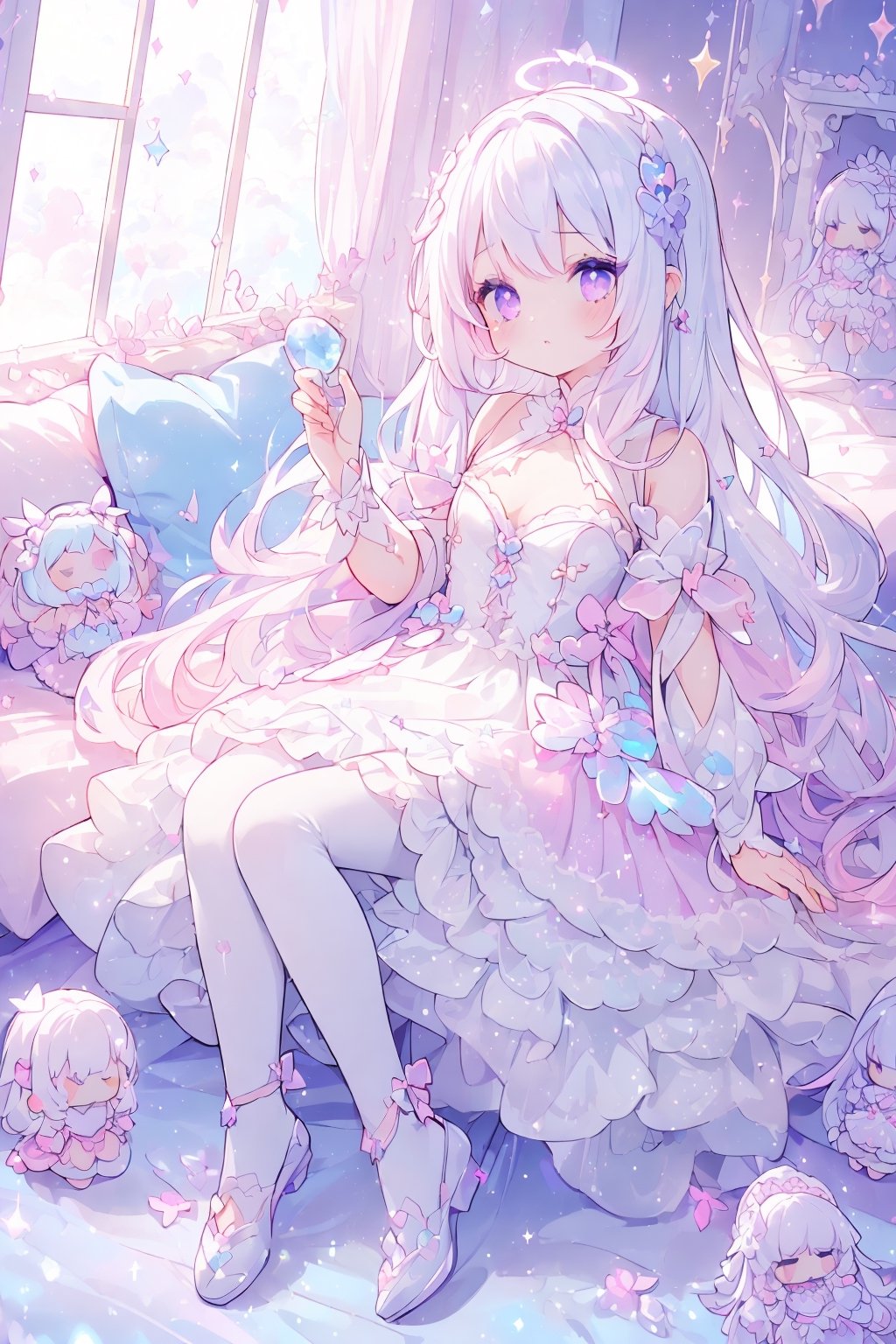 (((1girl, white hair, long hair, purple eyes, lolita dress, white dress, short dress, white stockings, small breasts, pale skin, soft skin, rainbow, hearts, heart pillows, pastel, crystals, halo, colorful, pink, purple, blue, doll))
((sunlight coming through window))
((background, cute home))
((dolls in home))
((sitting up, fullbody))
(fluffy, soft, light, bright, sparkles, twinkle, slightly downcast eyes, cute, pink, purple, blue, clouds)
best quality, masterpiece, glitter