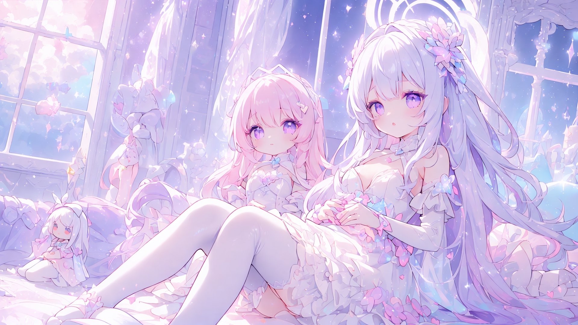 (((1girl, white hair, long hair, purple eyes, lolita dress, white dress, short dress, white stockings, small breasts, pale skin, soft skin, rainbow, hearts, heart pillows, pastel, crystals, halo, colorful, pink, purple, blue, doll))
((sunlight coming through window))
((background, cute home))
((dolls in home))
((sitting up, fullbody))
(fluffy, soft, light, bright, sparkles, twinkle, slightly downcast eyes, cute, pink, purple, blue, clouds)
best quality, masterpiece, glitter