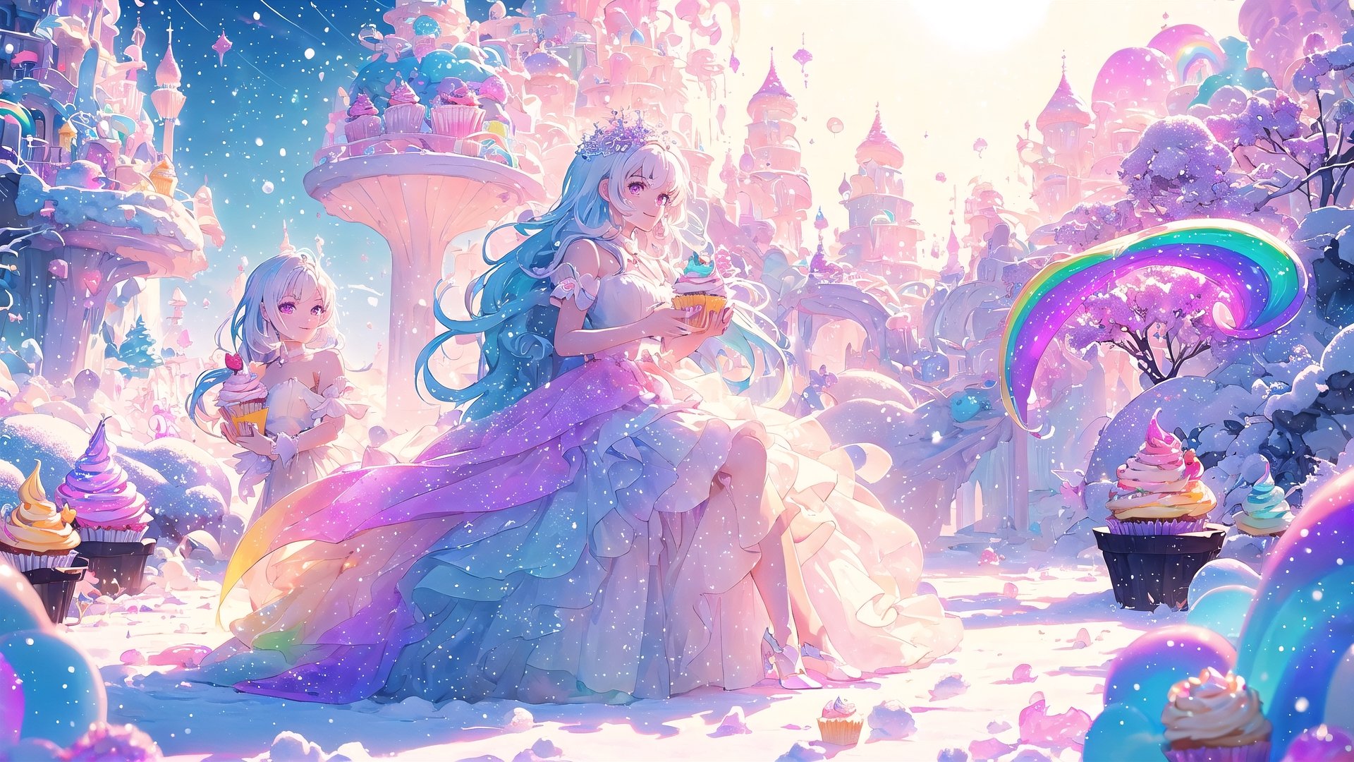 ((magical girl, white hair, purple eyes, doll dress, short dress, long hair, pale skin, soft skin, colorful snow background, rainbow dress, white dress, hearts, snow, snowing, ice, pastel, sun)), (masterpiece, best quality:1.2, , extremely detailed, Female profile, Delicate features, High resolution), (crystals), fluffy, soft, light, bright, sparkles, twinkle, slightly downcast eyes, cute, pink, purple, rainbow
(masterpiece, best quality:1.2), 8k, top quality, cryptids, cookie, (sugar, glitter), rainbow, glowing, digital illustration, smile, finely detailed face, detailed eyes, falling, beautiful face, celestial prit, looking to the side, stunning, sharp focus, floating particles, insaneres, surreal, cinematic, (dynamic scene:1.1), line of action, ultra-detailed wallpaper, (intricate details), dreamy, floating] raytracing, (blending), in the style of pixar, cloud, cotton candy, whipped cream, dream, fantastic lighting and composition, fruit, colorful, vivid, a world made of candy, plant, scenery, full background, (cupcake:1.2), highly detailed, beautiful, personification, deep depth of field, adorable, cute, (gradients), sweet, shiny, delicious, bloom, volumetric lighting, (fantasy), candyland, candy, see-through, transparent, glass, bubble, (jello), coral colors, smooth, extremely detailed,cryptids,(best quality,kawaiitech,rayearth, fullbody