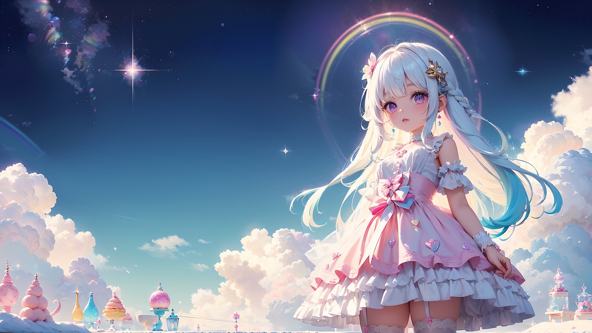 ((((1girl, bright white hair, long hair, purple eyes, pale skin, lolita dress, white dress, short dress, white thigh stockings, small breasts, pale skin, soft skin, rainbow, hearts, pastel, crystals, halo, colorful, doll, pink, purple, blue))))
((1girl standing))
((flat ground, ground with white water, ground with glowing pastel rainbow color running through water))
((sky with clouds, sphere of magical white energy in the top of the sky, pastel rainbow sparkles on the edge of sphere of magical white energy, magical ribbons of pastel rainbow colors sirwling into sphere of magical white energy in top the sky))
((lots of dolls everywhere))
((light atmosphere))
(fluffy, soft, light, bright, sparkles, twinkle, cute, pink, purple, blue, clouds, pastel, light colors, glitter, happy, normal pupil)
best quality, masterpiece, Detailedface, high_res 8K, candyland, full background, candy, sweets, lollipop, chocolate, ice cream, swirl lollipop, strawberry, ice cream, doughnut, cake, cupcake, balloon, chocolate bar, bubble, cream, whipped cream, dessert, pastry, candy wrapper, icing, teacup, confetti, cotton candy, Cute girl,score_9_up,best quality