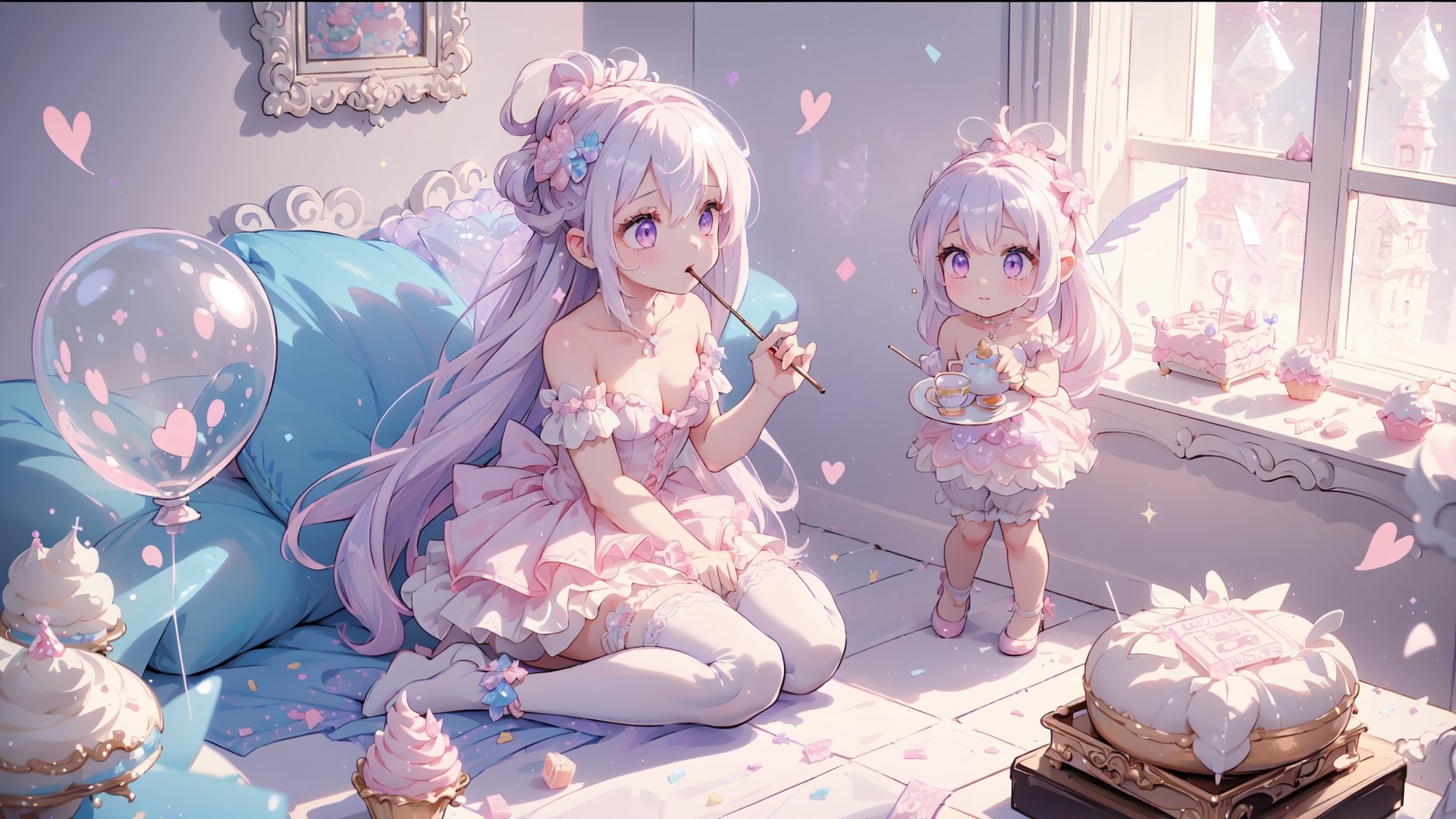 (((1girl, white hair, long hair, purple eyes, lolita dress, white dress, short dress, white thigh stockings, small breasts, pale skin, soft skin, rainbow, hearts, heart pillows, pastel, crystals, halo, colorful, pink, purple, blue, doll)) 
((sunlight coming through window)) 
((background, cute home))
((light atmosphere))
((dolls in home))
((4 children, sitting up, fullbody))
(fluffy, soft, light, bright, sparkles, twinkle, cute, pink, purple, blue, clouds, pastel, light colors, glitter)
(happy)
best quality, masterpiece, Detailedface, high_res 8K, candyland, candy, sweets, lollipop, chocolate, ice cream, swirl lollipop, strawberry, ice cream, doughnut, cake, cupcake, balloon, chocolate bar, bubble, pocky, crean, whipped cream, dessert, pastry, candy wrapper, icing, teacup, confetti