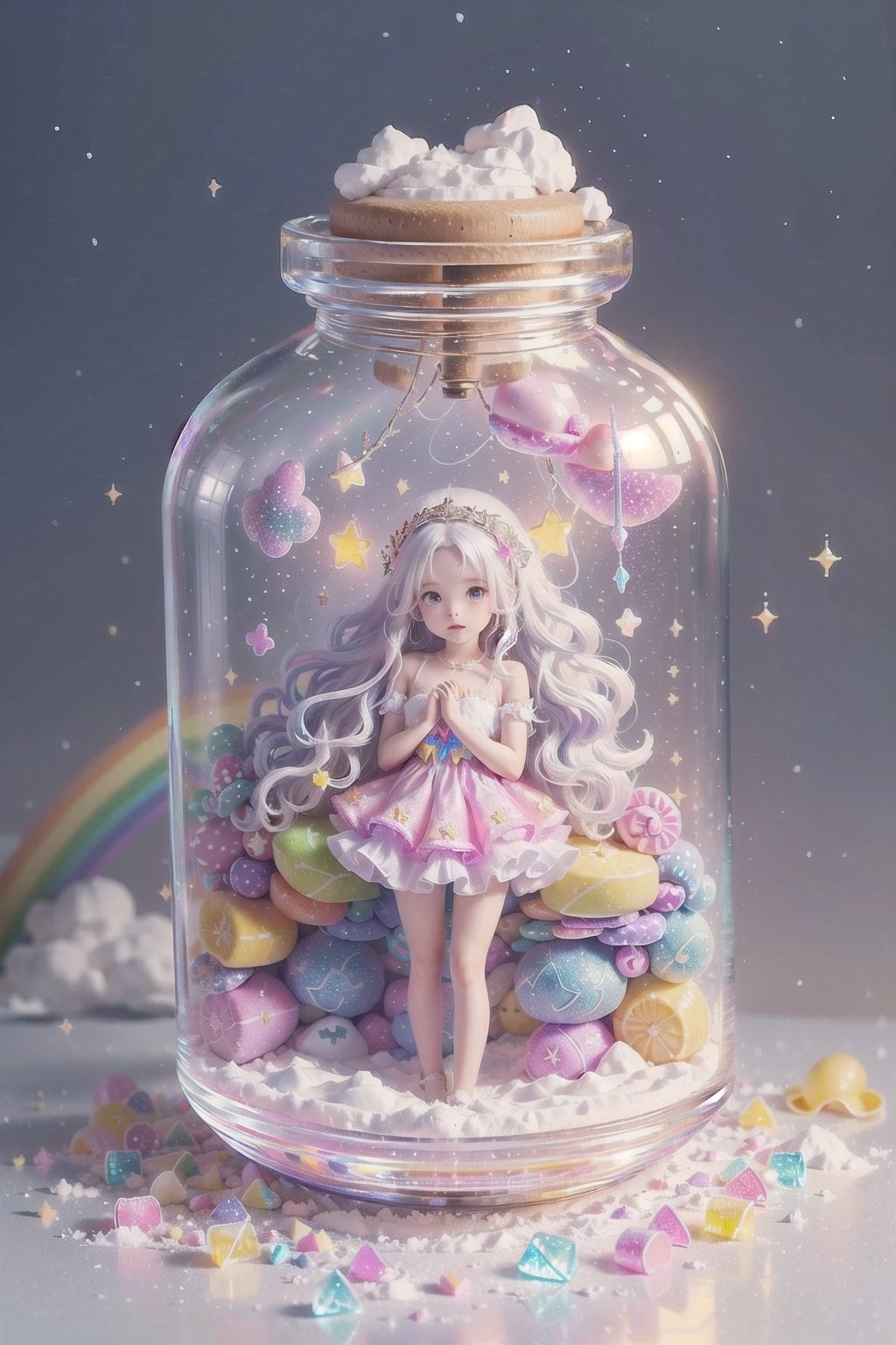 ((magical girl, rainbow, white hair, doll dress, short dress, long hair, purple eyes, small breasts, pale skin, soft skin, colorful snow background, rainbow, hearts, snow, snowing, ice, pastel, sun, clouds, sparkles, twinkle, crystals, stars)),( fluffy, soft, light, bright, slightly downcast eyes, cute, pink, purple,  candy, sweets) (masterpiece, best quality:1.2), (on toy figure stand), glass bottle,  jar, gib\(concept\),bottle,kawaiitech