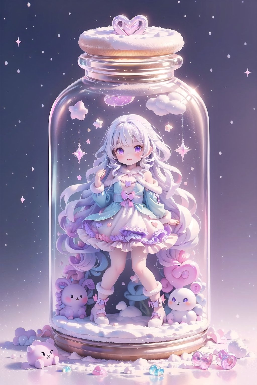 ((magical girl, rainbow, white hair, doll dress, short dress, long hair, purple eyes, small breasts, pale skin, soft skin, colorful snow background, rainbow, hearts, snow, snowing, ice, pastel, sun, clouds, sparkles, twinkle, crystals, stars)) (((white hair))),( fluffy, soft, light, bright, slightly downcast eyes, cute, pink, purple,  candy, sweets) (masterpiece, best quality:1.2), (on toy figure stand), glass bottle,  jar, gib\(concept\),bottle,kawaiitech