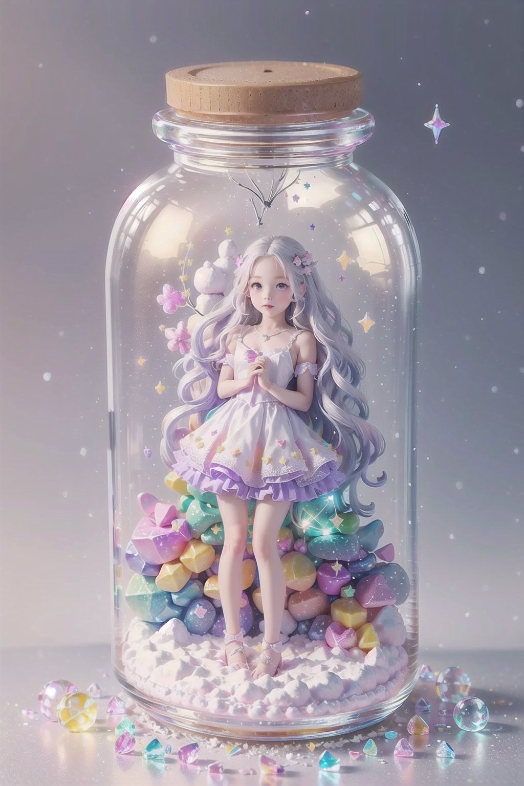 ((magical girl, rainbow, white hair, doll dress, short dress, long hair, purple eyes, small breasts, pale skin, soft skin, colorful snow background, rainbow, hearts, snow, snowing, ice, pastel, sun)), (masterpiece, best quality:1.2), fluffy, soft, light, bright, sparkles, twinkle, slightly downcast eyes, cute, pink, purple, (crystals), (on toy figure stand), glass bottle,  jar, gib\(concept\),bottle,kawaiitech, clouds, candy, sweets