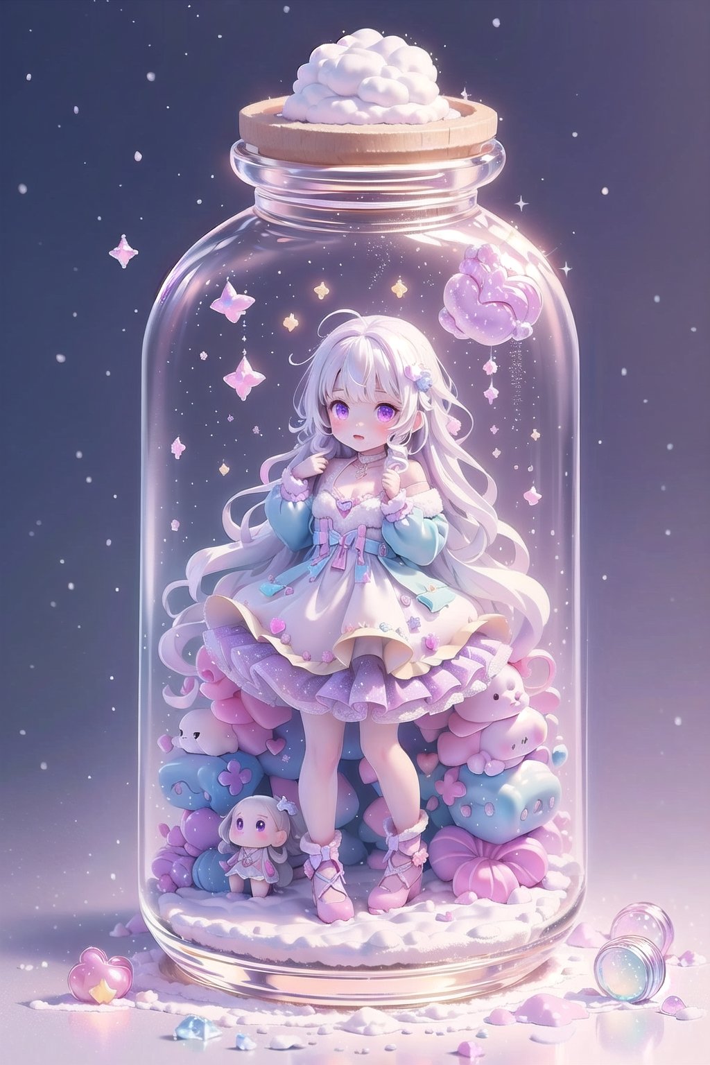 ((magical girl, rainbow, white hair, doll dress, short dress, long hair, purple eyes, small breasts, pale skin, soft skin, colorful snow background, rainbow, hearts, snow, snowing, ice, pastel, sun, clouds, sparkles, twinkle, crystals, stars)) (((white hair))),( fluffy, soft, light, bright, slightly downcast eyes, cute, pink, purple,  candy, sweets) (masterpiece, best quality:1.2), (on toy figure stand), glass bottle,  jar, gib\(concept\),bottle,kawaiitech