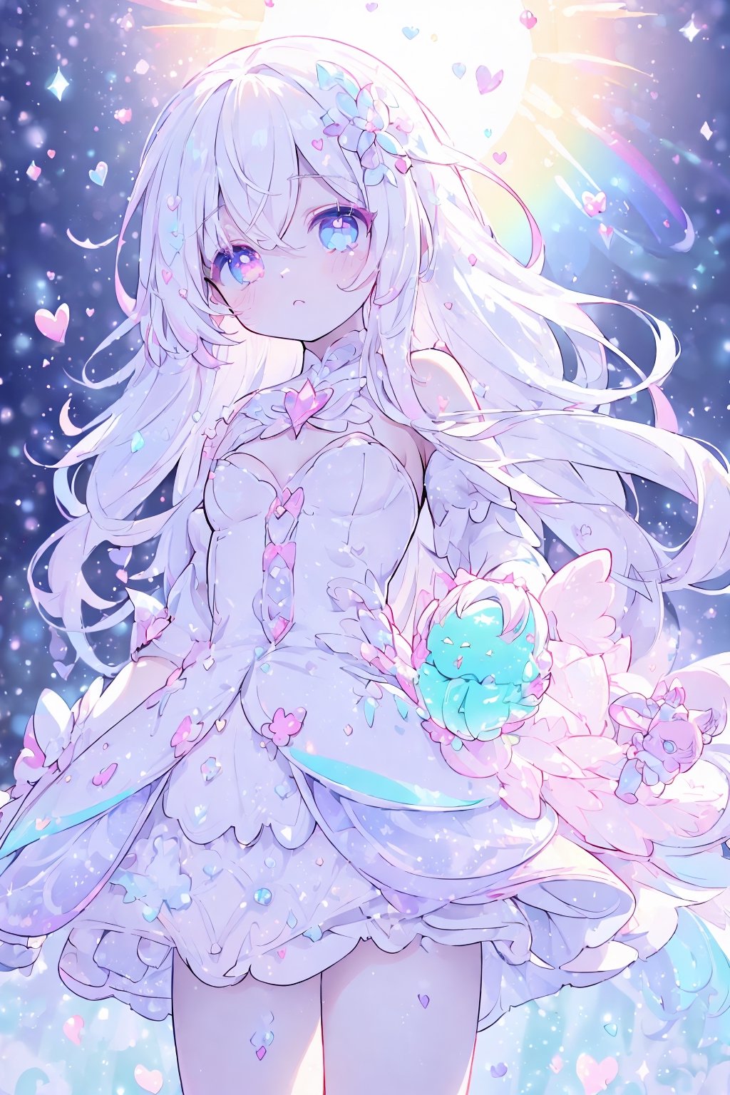 ((magical girl, white hair, rainbow eyes, doll dress, short dress, long hair, small breasts, pale skin, soft skin, colorful snow background, rainbow, hearts, snow, snowing, ice, pastel, sun)), (masterpiece, best quality:1.2), fluffy, soft, light, bright, sparkles, twinkle, slightly downcast eyes, cute, pink, purple, crystals