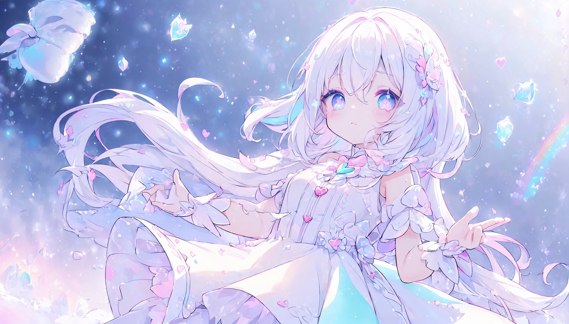 ((magical girl, white hair, rainbow eyes, doll dress, short dress, long hair, b cups, pale skin, soft skin, colorful snow background, rainbow, hearts, snow, snowing, ice, pastel, sun)), (masterpiece, best quality:1.2), fluffy, soft, light, bright, sparkles, twinkle, slightly downcast eyes, cute, pink, purple, crystals