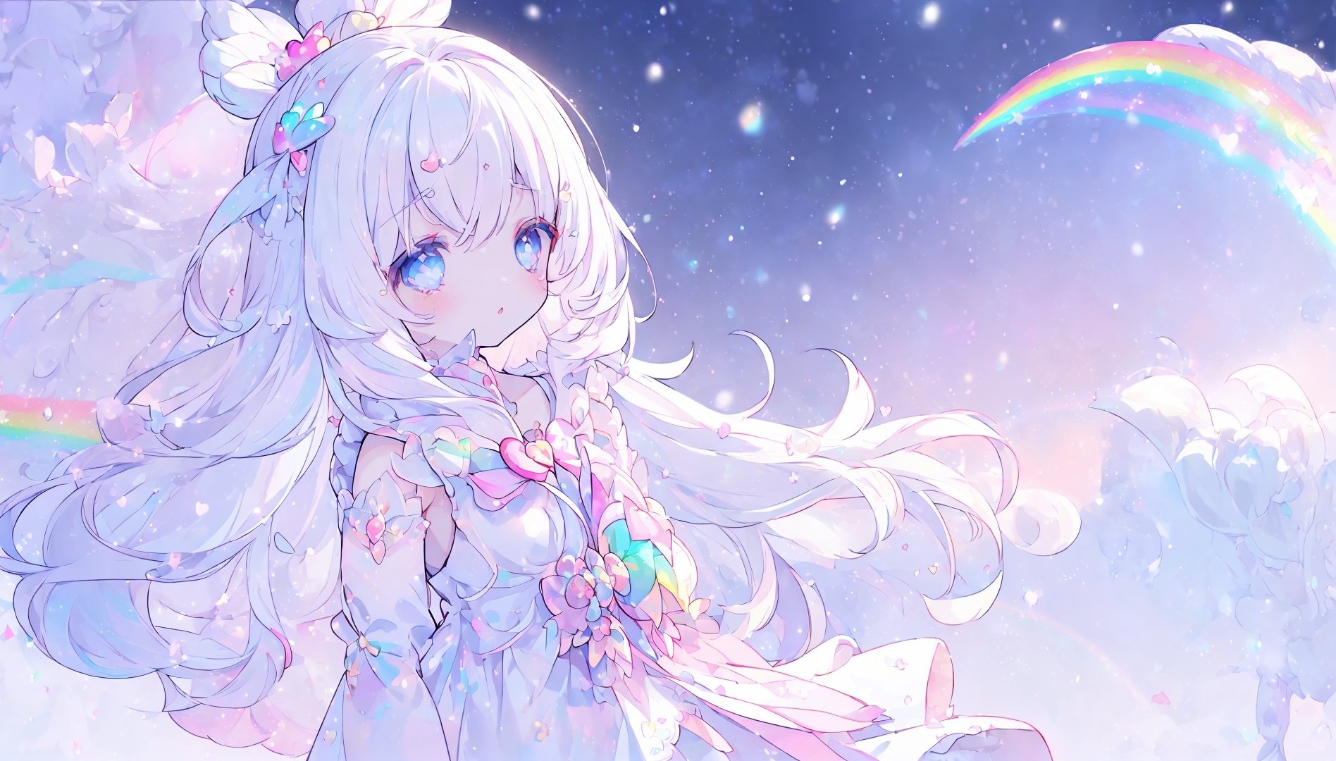 ((magical girl, white hair, rainbow eyes, doll dress, short dress, long hair, b cups, pale skin, soft skin, colorful snow background, rainbow, hearts, snow, snowing, ice, pastel, sun)), (masterpiece, best quality:1.2), fluffy, soft, light, bright, sparkles, twinkle, slightly downcast eyes, cute, pink, purple, crystals