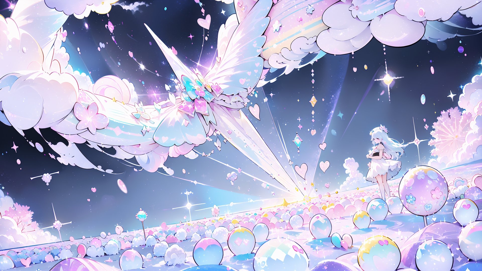 ((((1girl, bright white hair, long hair, purple eyes, pale skin, lolita dress, white dress, short dress, white thigh stockings, small breasts, pale skin, soft skin, rainbow, hearts, pastel, crystals, halo, colorful, doll, pink, purple, blue))))
(((flat ground, ground with white water, ground with glowing pastel rainbow color running through water)))
(((sky with clouds, sphere of magical white energy in the top of the sky, pastel rainbow sparkles on the edge of sphere of magical white energy, magical ribbons of pastel rainbow colors sirwling into sphere of magical white energy in top the sky)))
((lots of dolls everywhere))
((light atmosphere))
(fluffy, soft, light, bright, sparkles, twinkle, cute, pink, purple, blue, clouds, pastel, light colors, glitter, happy, normal pupil)
best quality, masterpiece, Detailedface, high_res 8K, candyland, full background, candy, sweets, lollipop, chocolate, ice cream, swirl lollipop, strawberry, ice cream, doughnut, cake, cupcake, balloon, chocolate bar, bubble, cream, whipped cream, dessert, pastry, candy wrapper, icing, teacup, confetti, cotton candy