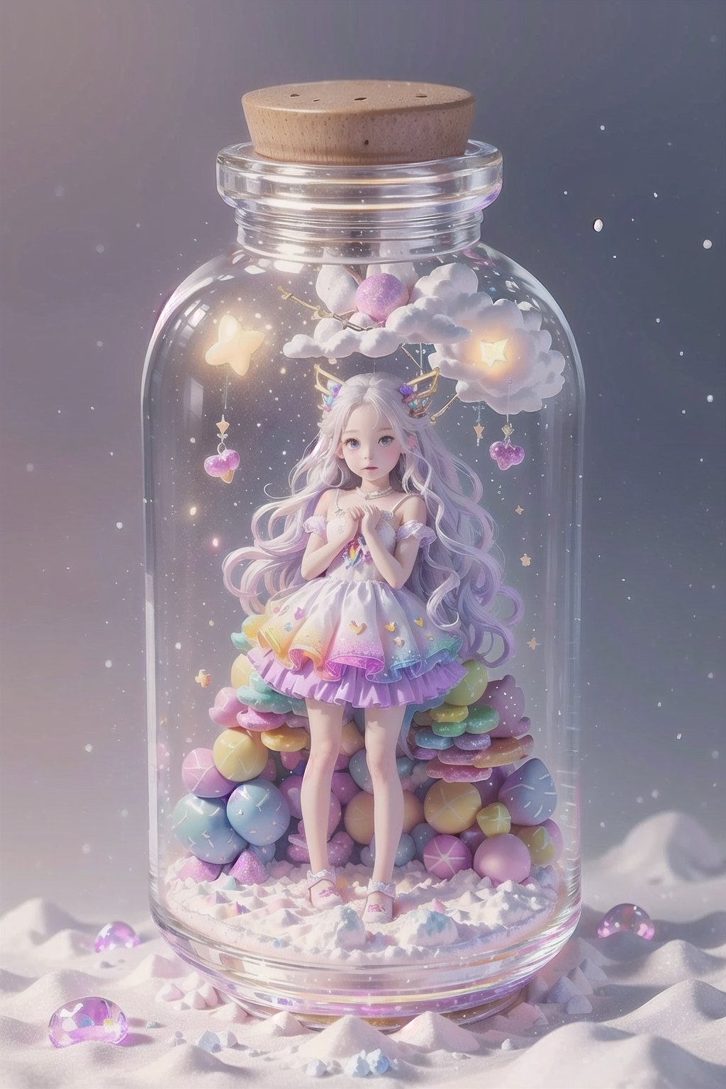 ((magical girl, rainbow, white hair, doll dress, short dress, long hair, purple eyes, small breasts, pale skin, soft skin, colorful snow background, rainbow, hearts, snow, snowing, ice, pastel, sun, clouds)), (masterpiece, best quality:1.2), fluffy, soft, light, bright, sparkles, twinkle, slightly downcast eyes, cute, pink, purple, (crystals), (on toy figure stand), glass bottle,  jar, gib\(concept\),bottle,kawaiitech, clouds, candy, sweets