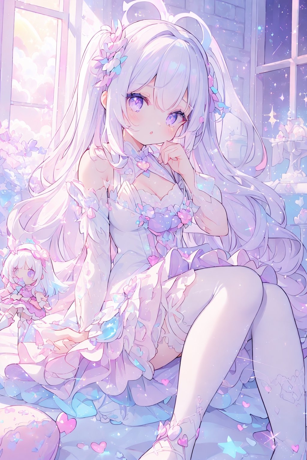 (((1girl, white hair, long hair, purple eyes, lolita dress, white dress, short dress, white stockings, small breasts, pale skin, soft skin, rainbow, hearts, heart pillows, pastel, crystals, halo, colorful, pink, purple, blue, doll))
((sunlight coming through window))
((background, cute home))
((dolls in home))
((sitting up, fullbody))
(fluffy, soft, light, bright, sparkles, twinkle, slightly downcast eyes, cute, pink, purple, blue, clouds)
best quality, masterpiece, glitter