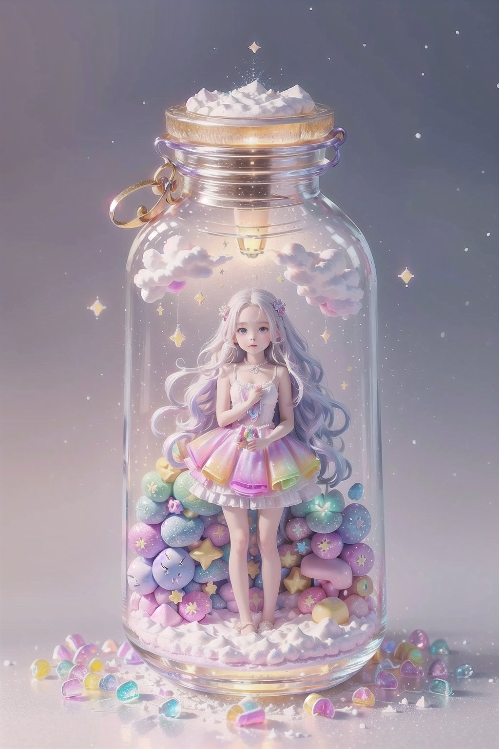 ((magical girl, rainbow, white hair, doll dress, short dress, long hair, purple eyes, small breasts, pale skin, soft skin, colorful snow background, rainbow, hearts, snow, snowing, ice, pastel, sun, clouds, sparkles, twinkle, crystals, stars)),( fluffy, soft, light, bright, slightly downcast eyes, cute, pink, purple,  candy, sweets) (masterpiece, best quality:1.2), (on toy figure stand), glass bottle,  jar, gib\(concept\),bottle,kawaiitech