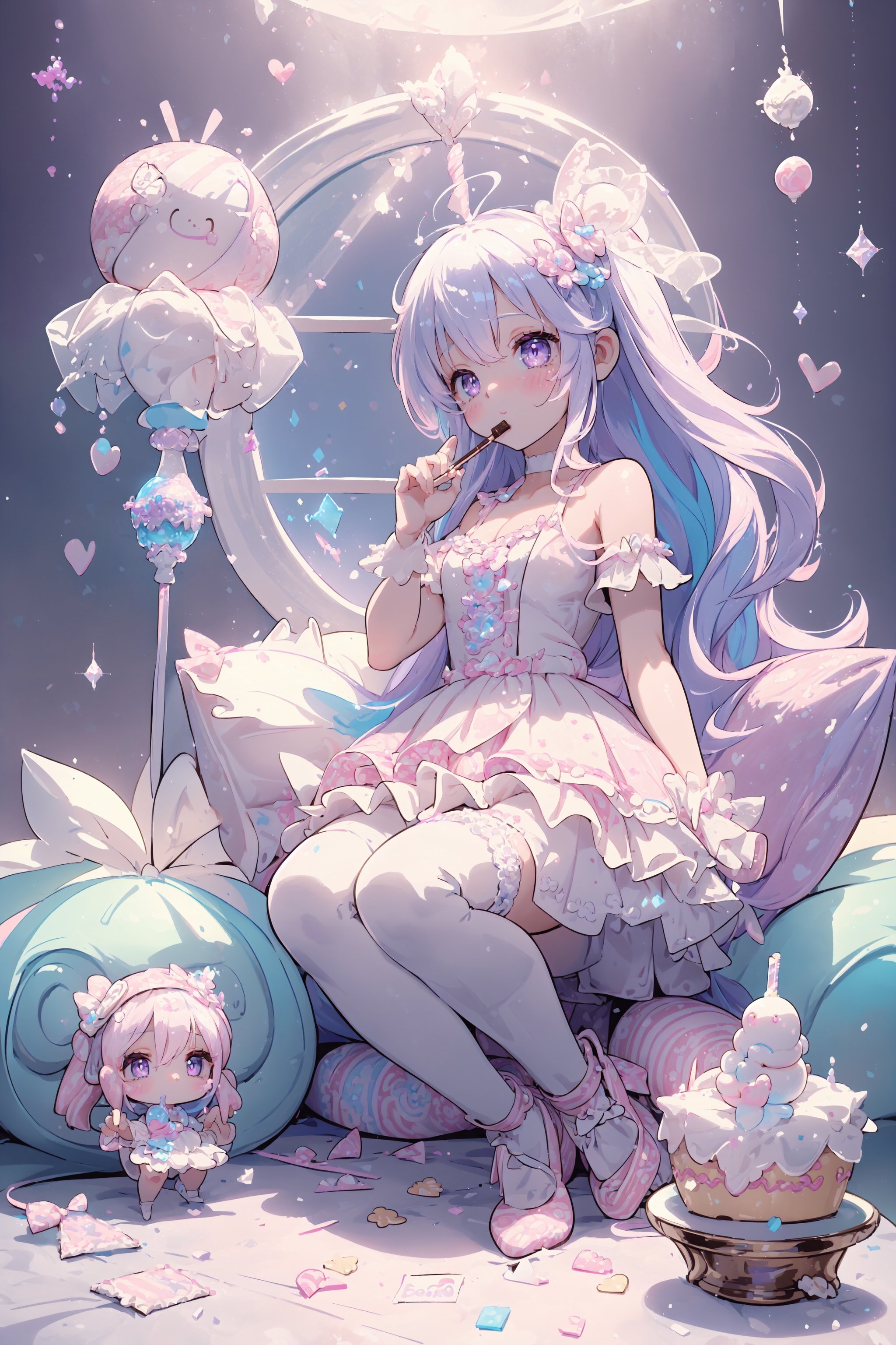 (((1girl, bright white hair, long hair, purple eyes, lolita dress, white dress, short dress, white thigh stockings, small breasts, pale skin, soft skin, rainbow, hearts, heart pillows, pastel, crystals, halo, colorful, pink, purple, blue, doll)) 
((sunlight coming through window)) 
((background, cute home))
((light atmosphere))
((dolls in home))
((4 children, sitting up, fullbody))
(fluffy, soft, light, bright, sparkles, twinkle, cute, pink, purple, blue, clouds, pastel, light colors, glitter, happy, normal pupil)
best quality, masterpiece, Detailedface, high_res 8K, candyland, candy, sweets, lollipop, chocolate, ice cream, swirl lollipop, strawberry, ice cream, doughnut, cake, cupcake, balloon, chocolate bar, bubble, pocky, crean, whipped cream, dessert, pastry, candy wrapper, icing, teacup, confetti,candyland,full background