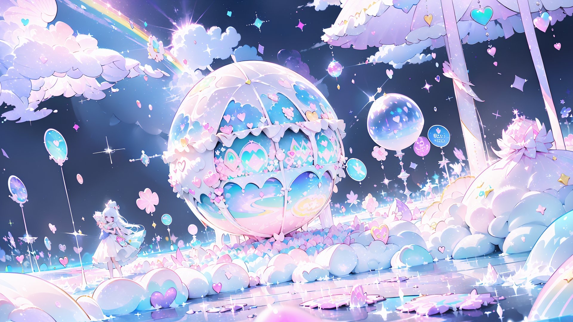 ((((1girl, bright white hair, long hair, purple eyes, pale skin, lolita dress, white dress, short dress, white thigh stockings, small breasts, pale skin, soft skin, rainbow, hearts, pastel, crystals, halo, colorful, doll, pink, purple, blue))))
(((flat ground, ground with white water, ground with glowing pastel rainbow color running through water)))
(((sky with clouds, sphere of magical white energy in the top of the sky, pastel rainbow sparkles on the edge of sphere of magical white energy, magical ribbons of pastel rainbow colors sirwling into sphere of magical white energy in top the sky)))
((lots of dolls everywhere))
((light atmosphere))
(fluffy, soft, light, bright, sparkles, twinkle, cute, pink, purple, blue, clouds, pastel, light colors, glitter, happy, normal pupil)
best quality, masterpiece, Detailedface, high_res 8K, candyland, full background, candy, sweets, lollipop, chocolate, ice cream, swirl lollipop, strawberry, ice cream, doughnut, cake, cupcake, balloon, chocolate bar, bubble, cream, whipped cream, dessert, pastry, candy wrapper, icing, teacup, confetti, cotton candy