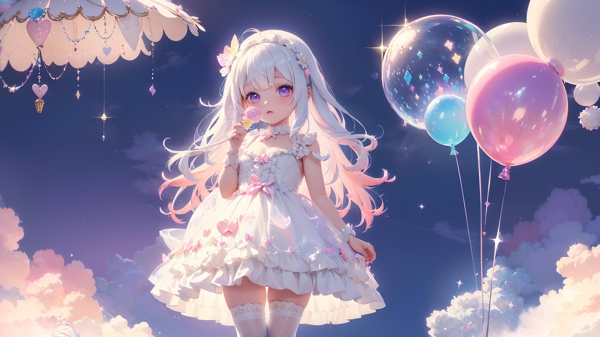 ((((1girl, bright white hair, long hair, purple eyes, pale skin, lolita dress, white dress, short dress, white thigh stockings, small breasts, pale skin, soft skin, rainbow, hearts, pastel, crystals, halo, colorful, doll, pink, purple, blue))))
((1girl standing))
((flat ground, ground with white water, ground with glowing pastel rainbow color running through water))
((sky with clouds, sphere of magical white energy in the top of the sky, pastel rainbow sparkles on the edge of sphere of magical white energy, magical ribbons of pastel rainbow colors sirwling into sphere of magical white energy in top the sky))
((lots of dolls everywhere))
((light atmosphere))
(fluffy, soft, light, bright, sparkles, twinkle, cute, pink, purple, blue, clouds, pastel, light colors, glitter, happy, normal pupil)
best quality, masterpiece, Detailedface, high_res 8K, candyland, full background, candy, sweets, lollipop, chocolate, ice cream, swirl lollipop, strawberry, ice cream, doughnut, cake, cupcake, balloon, chocolate bar, bubble, cream, whipped cream, dessert, pastry, candy wrapper, icing, teacup, confetti, cotton candy, Cute girl,score_9_up,best quality