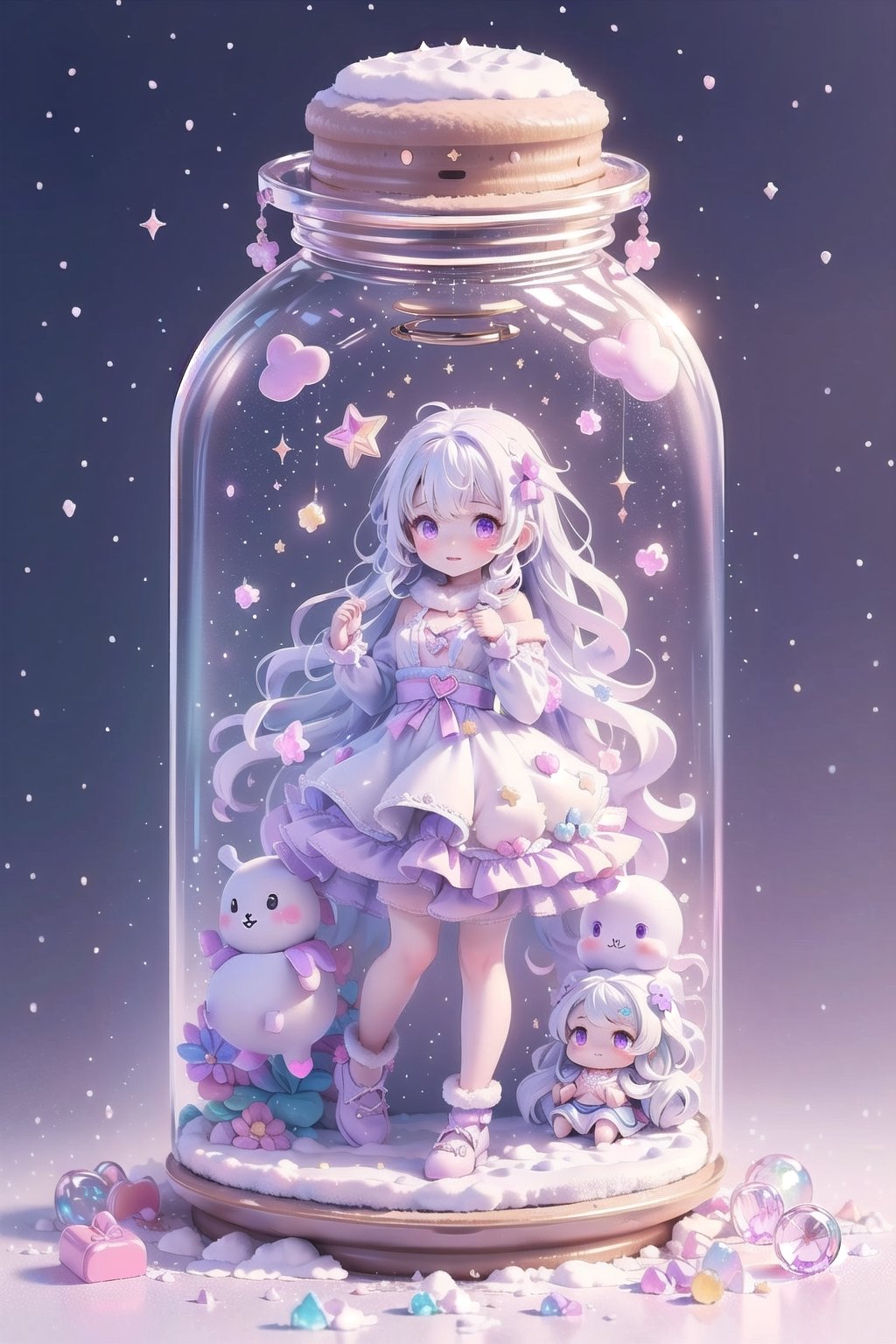 ((magical girl, rainbow, white hair, doll dress, short dress, long hair, purple eyes, small breasts, pale skin, soft skin, colorful snow background, rainbow, hearts, snow, snowing, ice, pastel, sun, clouds, sparkles, twinkle, crystals, stars)) (((white hair))),( fluffy, soft, light, bright, slightly downcast eyes, cute, pink, purple,  candy, sweets) (masterpiece, best quality:1.2), (on toy figure stand), glass bottle,  jar, gib\(concept\),bottle,kawaiitech
