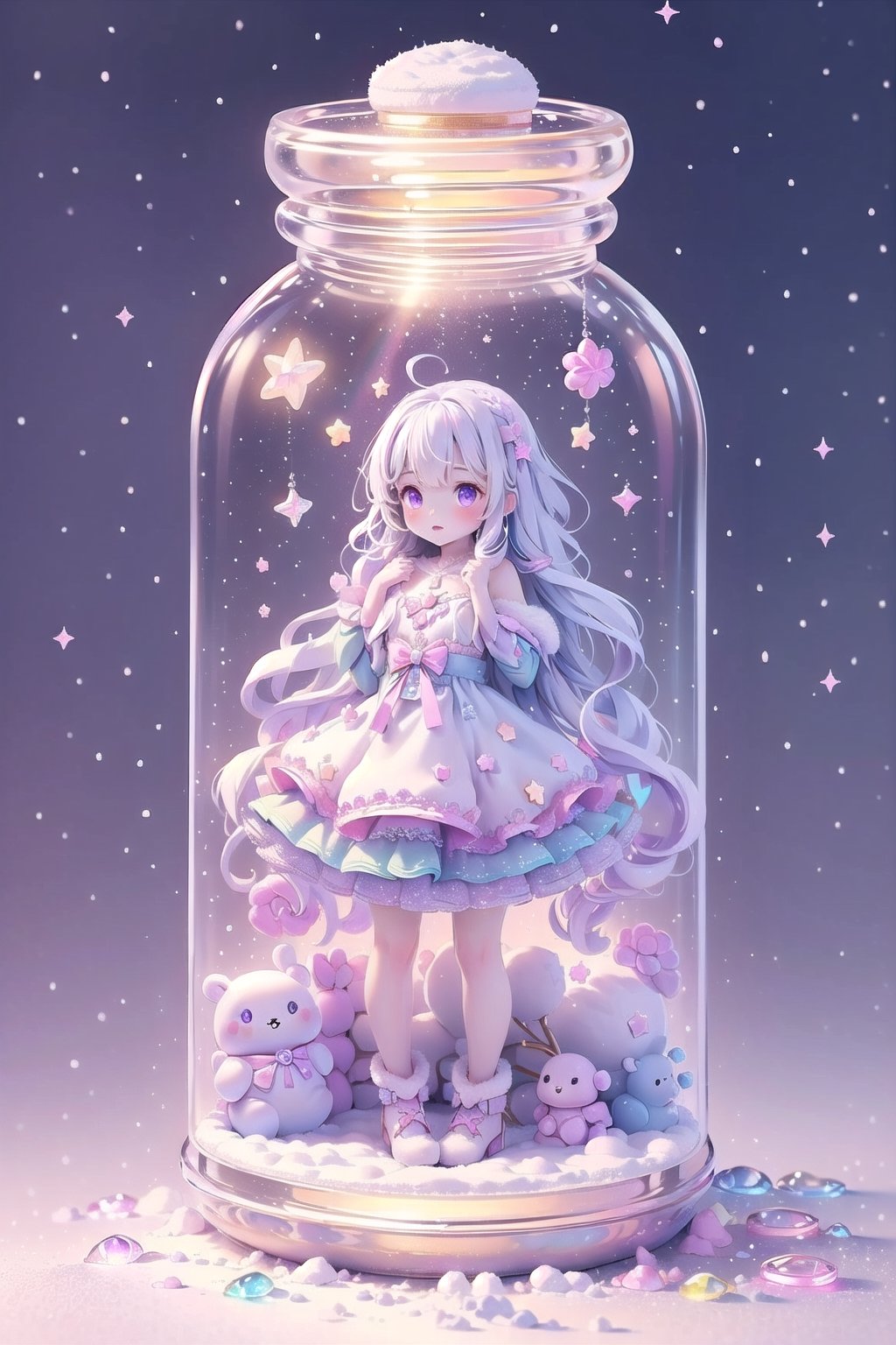 ((magical girl, rainbow, white hair, doll dress, short dress, long hair, purple eyes, small breasts, pale skin, soft skin, colorful snow background, rainbow, hearts, snow, snowing, ice, pastel, sun, clouds, sparkles, twinkle, crystals, stars)) (((white hair))),( fluffy, soft, light, bright, slightly downcast eyes, cute, pink, purple,  candy, sweets) (masterpiece, best quality:1.2), (on toy figure stand), glass bottle,  jar, gib\(concept\),bottle,kawaiitech