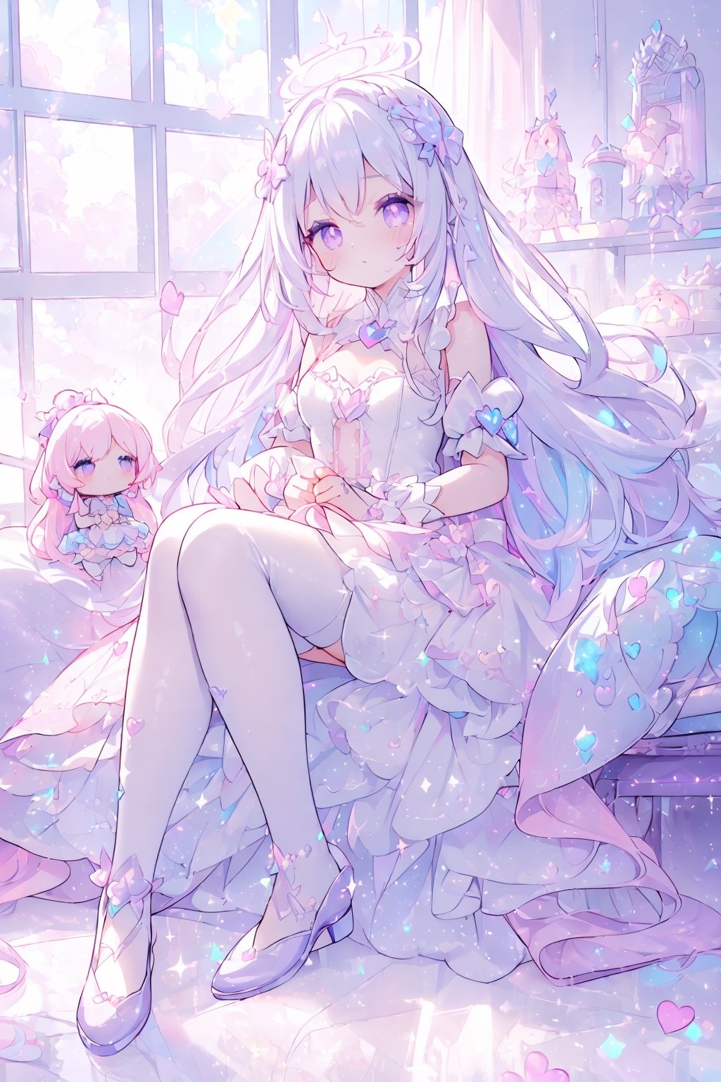 (((1girl, white hair, long hair, purple eyes, lolita dress, white dress, short dress, white stockings, small breasts, pale skin, soft skin, rainbow, hearts, heart pillows, pastel, crystals, halo, colorful, pink, purple, blue, doll))
((sunlight coming through window))
((background, cute home))
((dolls in home))
((sitting up, fullbody))
(fluffy, soft, light, bright, sparkles, twinkle, slightly downcast eyes, cute, pink, purple, blue, clouds)
best quality, masterpiece, glitter