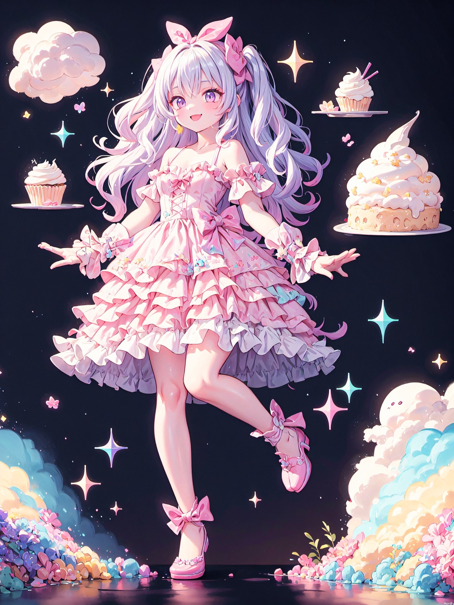 (small breasts, purple eyes, white hair, long hair, short dress, lolita dress, smile)
(sugar, glitter)
(fullbody)
(intricate details)
(cupcake:1.2)
(gradients)
(fantasy)
(jello)
(masterpiece, best quality:1.2)
(dynamic scene:1.1)
(blending)
(best quality)
8k, top quality, cryptids, cookie, rainbow, glowing, digital illustration, finely detailed face, detailed eyes, full body, falling, beautiful face, celestial prit, looking to the side, stunning, sharp focus, floating particles, insaneres, surreal, cinematic, line of action, ultra-detailed wallpaper, dreamy, floating raytracing in the style of pixar, cloud, cotton candy, whipped cream, dream, fantastic lighting and composition, fruit, colorful, vivid, a world made of candy, plant, scenery, full background, highly detailed, 3d, beautiful, personification, deep depth of field, adorable, cute, sweet, shiny, delicious, bloom, volumetric lighting, candyland, candy, see-through, transparent, glass, bubble, coral colors, smooth, extremely detailed,cryptids, kawaiitech,rayearth,retro artstyle,1girl