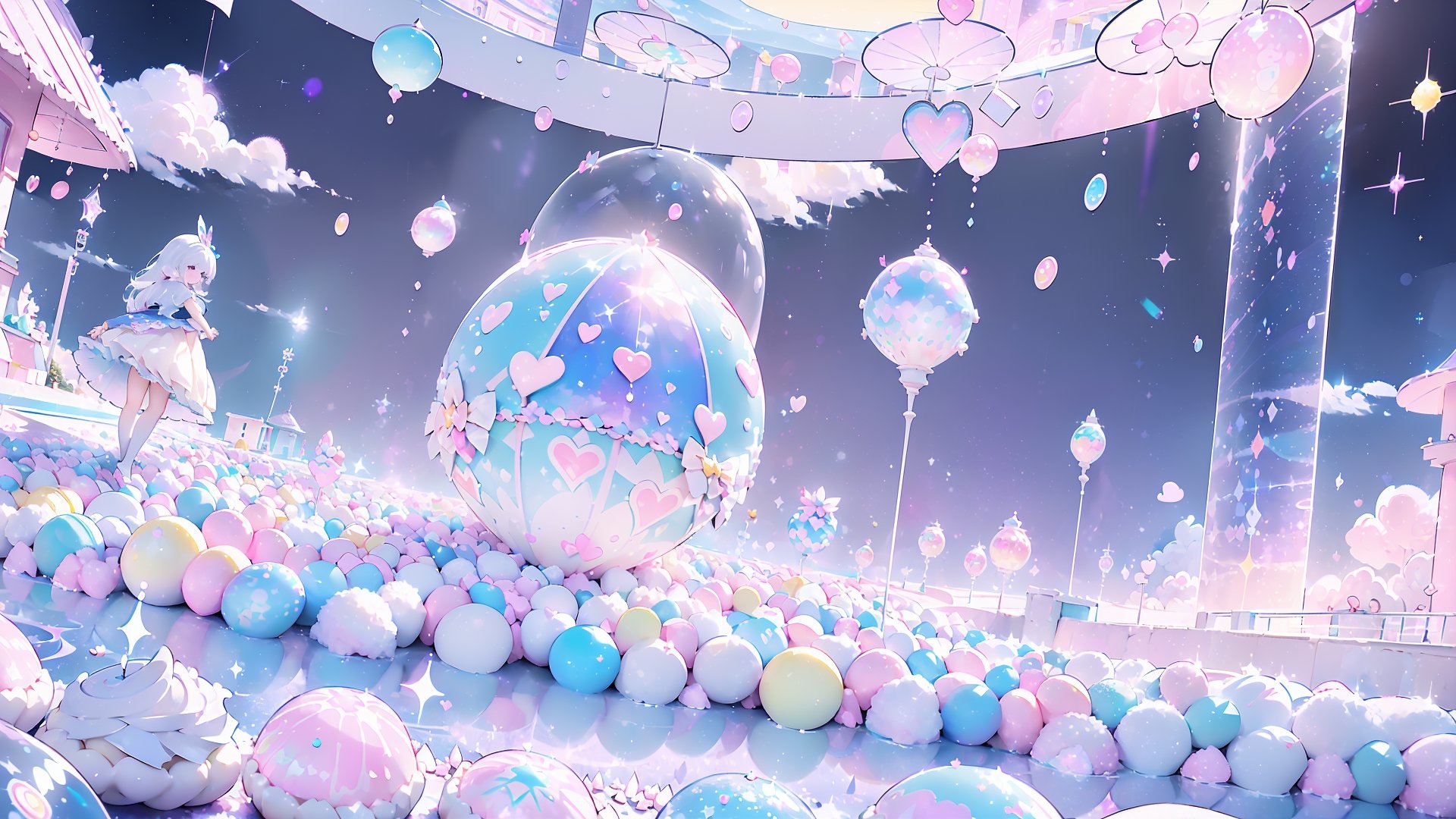 ((((1girl, bright white hair, long hair, purple eyes, pale skin, lolita dress, white dress, short dress, white thigh stockings, small breasts, pale skin, soft skin, rainbow, hearts, pastel, crystals, halo, colorful, doll, pink, purple, blue))))
(((flat ground, ground with white water, ground with glowing pastel rainbow color running through water)))
(((sky with clouds, sphere of magical white energy in the top of the sky, pastel rainbow sparkles on the edge of sphere of magical white energy, magical ribbons of pastel rainbow colors sirwling into sphere of magical white energy in top the sky)))
((lots of dolls everywhere))
((light atmosphere))
(fluffy, soft, light, bright, sparkles, twinkle, cute, pink, purple, blue, clouds, pastel, light colors, glitter, happy, normal pupil)
best quality, masterpiece, Detailedface, high_res 8K, candyland, full background, candy, sweets, lollipop, chocolate, ice cream, swirl lollipop, strawberry, ice cream, doughnut, cake, cupcake, balloon, chocolate bar, bubble, cream, whipped cream, dessert, pastry, candy wrapper, icing, teacup, confetti, cotton candy