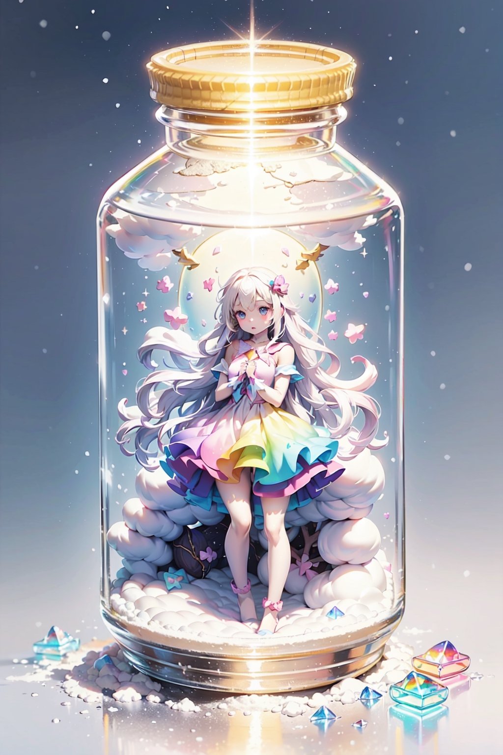 ((magical girl, white hair, rainbow eyes, doll dress, short dress, long hair, small breasts, pale skin, soft skin, colorful snow background, rainbow, hearts, snow, snowing, ice, pastel, sun)), (masterpiece, best quality:1.2), fluffy, soft, light, bright, sparkles, twinkle, slightly downcast eyes, cute, pink, purple, (crystals), (on toy figure stand), glass bottle,  jar, gib\(concept\),bottle,kawaiitech, clouds