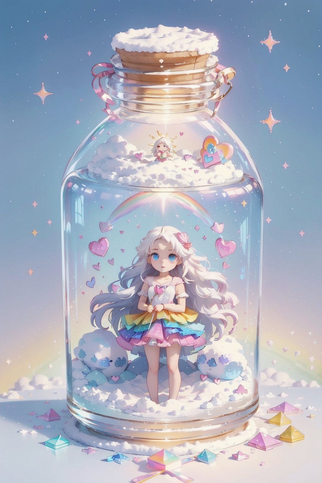 ((magical girl, white hair, rainbow eyes, doll dress, short dress, long hair, small breasts, pale skin, soft skin, colorful snow background, rainbow, hearts, snow, snowing, ice, pastel, sun)), (masterpiece, best quality:1.2), fluffy, soft, light, bright, sparkles, twinkle, slightly downcast eyes, cute, pink, purple, (crystals), (on toy figure stand), glass bottle,  jar, gib\(concept\),bottle,kawaiitech, clouds