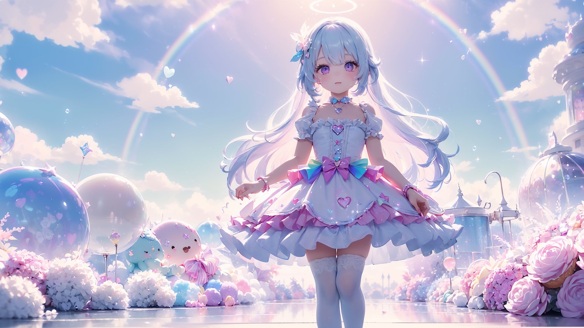 ((((1girl, bright white hair, long hair, purple eyes, pale skin, lolita dress, white dress, short dress, white thigh stockings, small breasts, pale skin, soft skin, rainbow, hearts, pastel, crystals, halo, colorful, doll, pink, purple, blue))))
((1girl standing))
((flat ground, ground with white water, ground with glowing pastel rainbow color running through water))
((sky with clouds, sphere of magical white energy in the top of the sky, pastel rainbow sparkles on the edge of sphere of magical white energy, magical ribbons of pastel rainbow colors sirwling into sphere of magical white energy in top the sky))
((lots of dolls everywhere))
((light atmosphere))
(fluffy, soft, light, bright, sparkles, twinkle, cute, pink, purple, blue, clouds, pastel, light colors, glitter, happy, normal pupil)
best quality, masterpiece, Detailedface, high_res 8K, candyland, full background, candy, sweets, lollipop, chocolate, ice cream, swirl lollipop, strawberry, ice cream, doughnut, cake, cupcake, balloon, chocolate bar, bubble, cream, whipped cream, dessert, pastry, candy wrapper, icing, teacup, confetti, cotton candy, Cute girl,score_9_up,best quality