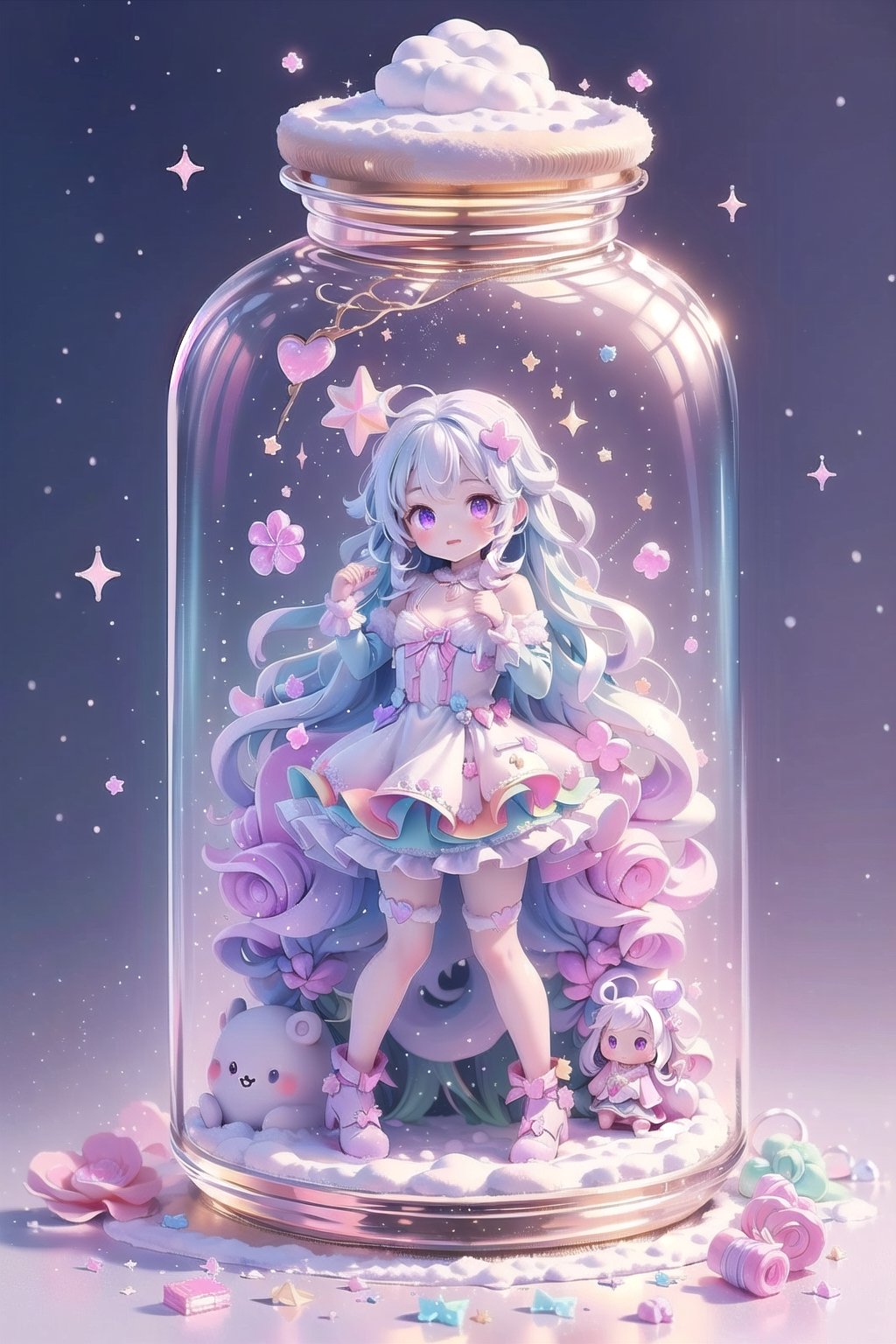 ((magical girl, rainbow, white hair, doll dress, short dress, long hair, purple eyes, small breasts, pale skin, soft skin, colorful snow background, rainbow, hearts, snow, snowing, ice, pastel, sun, clouds, sparkles, twinkle, crystals, stars)),( fluffy, soft, light, bright, slightly downcast eyes, cute, pink, purple,  candy, sweets) (masterpiece, best quality:1.2), (on toy figure stand), glass bottle,  jar, gib\(concept\),bottle,kawaiitech