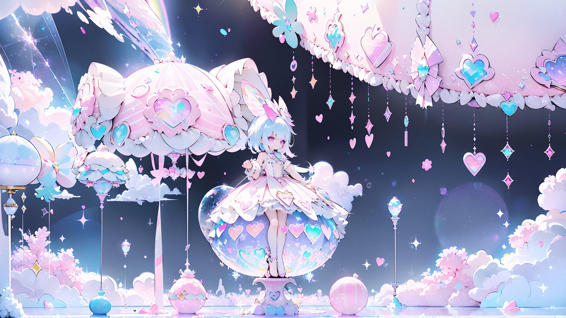 ((((1girl, bright white hair, long hair, purple eyes, pale skin, lolita dress, white dress, short dress, white thigh stockings, small breasts, pale skin, soft skin, rainbow, hearts, pastel, crystals, halo, colorful, doll, pink, purple, blue))))
(((flat ground, ground with white water, ground with glowing pastel rainbow color running through water)))
(((sky with clouds, sphere of magical white energy in the top of the sky, pastel rainbow sparkles on the edge of sphere of magical white energy, magical ribbons of pastel rainbow colors sirwling into sphere of magical white energy in top the sky)))
((lots of dolls everywhere))
((light atmosphere))
(fluffy, soft, light, bright, sparkles, twinkle, cute, pink, purple, blue, clouds, pastel, light colors, glitter, happy, normal pupil)
best quality, masterpiece, Detailedface, high_res 8K, candyland, full background, candy, sweets, lollipop, chocolate, ice cream, swirl lollipop, strawberry, ice cream, doughnut, cake, cupcake, balloon, chocolate bar, bubble, cream, whipped cream, dessert, pastry, candy wrapper, icing, teacup, confetti, cotton candy