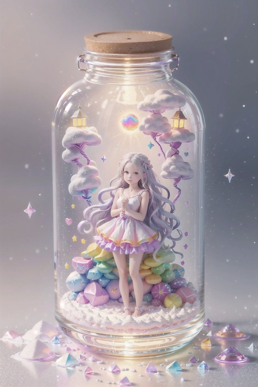 ((magical girl, rainbow, white hair, doll dress, short dress, long hair, purple eyes, small breasts, pale skin, soft skin, colorful snow background, rainbow, hearts, snow, snowing, ice, pastel, sun)), (masterpiece, best quality:1.2), fluffy, soft, light, bright, sparkles, twinkle, slightly downcast eyes, cute, pink, purple, (crystals), (on toy figure stand), glass bottle,  jar, gib\(concept\),bottle,kawaiitech, clouds, candy, sweets