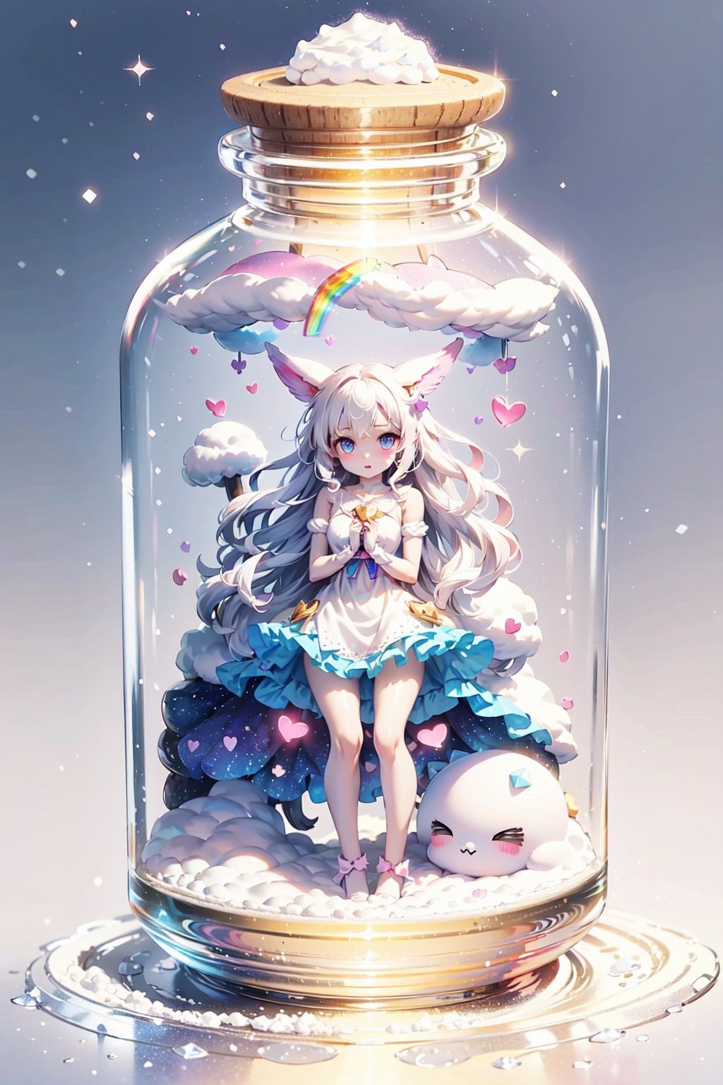 ((magical girl, white hair, rainbow eyes, doll dress, short dress, long hair, small breasts, pale skin, soft skin, colorful snow background, rainbow, hearts, snow, snowing, ice, pastel, sun)), (masterpiece, best quality:1.2), fluffy, soft, light, bright, sparkles, twinkle, slightly downcast eyes, cute, pink, purple, (crystals), (on toy figure stand), glass bottle,  jar, gib\(concept\),bottle,kawaiitech, clouds