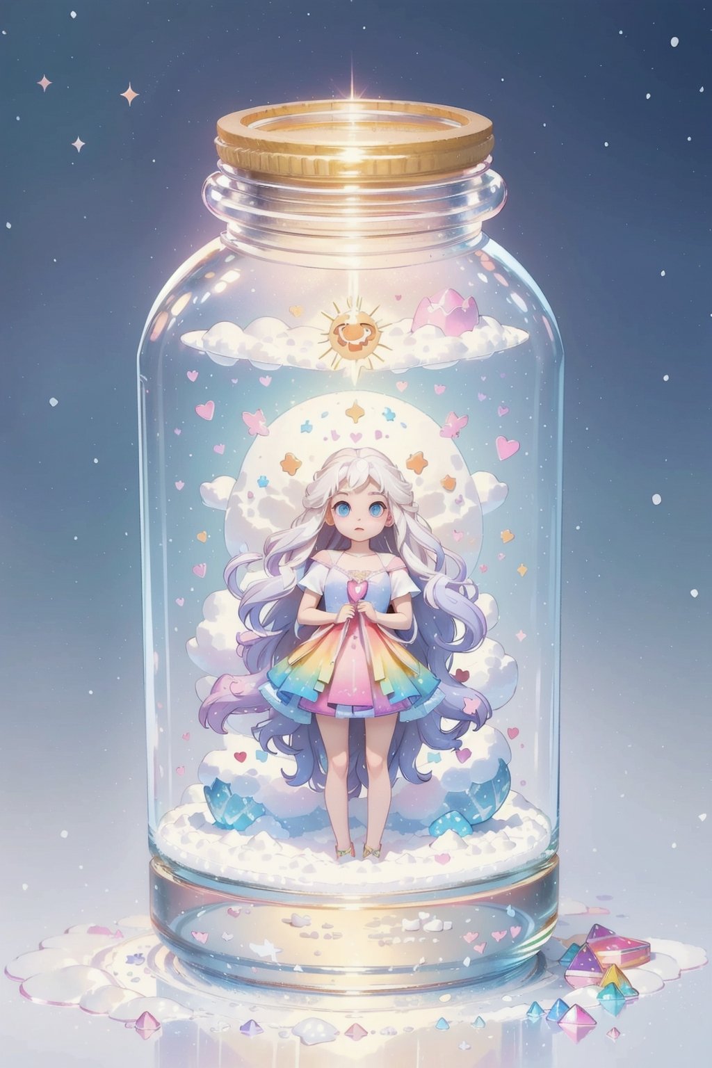 ((magical girl, white hair, rainbow eyes, doll dress, short dress, long hair, small breasts, pale skin, soft skin, colorful snow background, rainbow, hearts, snow, snowing, ice, pastel, sun)), (masterpiece, best quality:1.2), fluffy, soft, light, bright, sparkles, twinkle, slightly downcast eyes, cute, pink, purple, (crystals), (on toy figure stand), glass bottle,  jar, gib\(concept\),bottle,kawaiitech, clouds