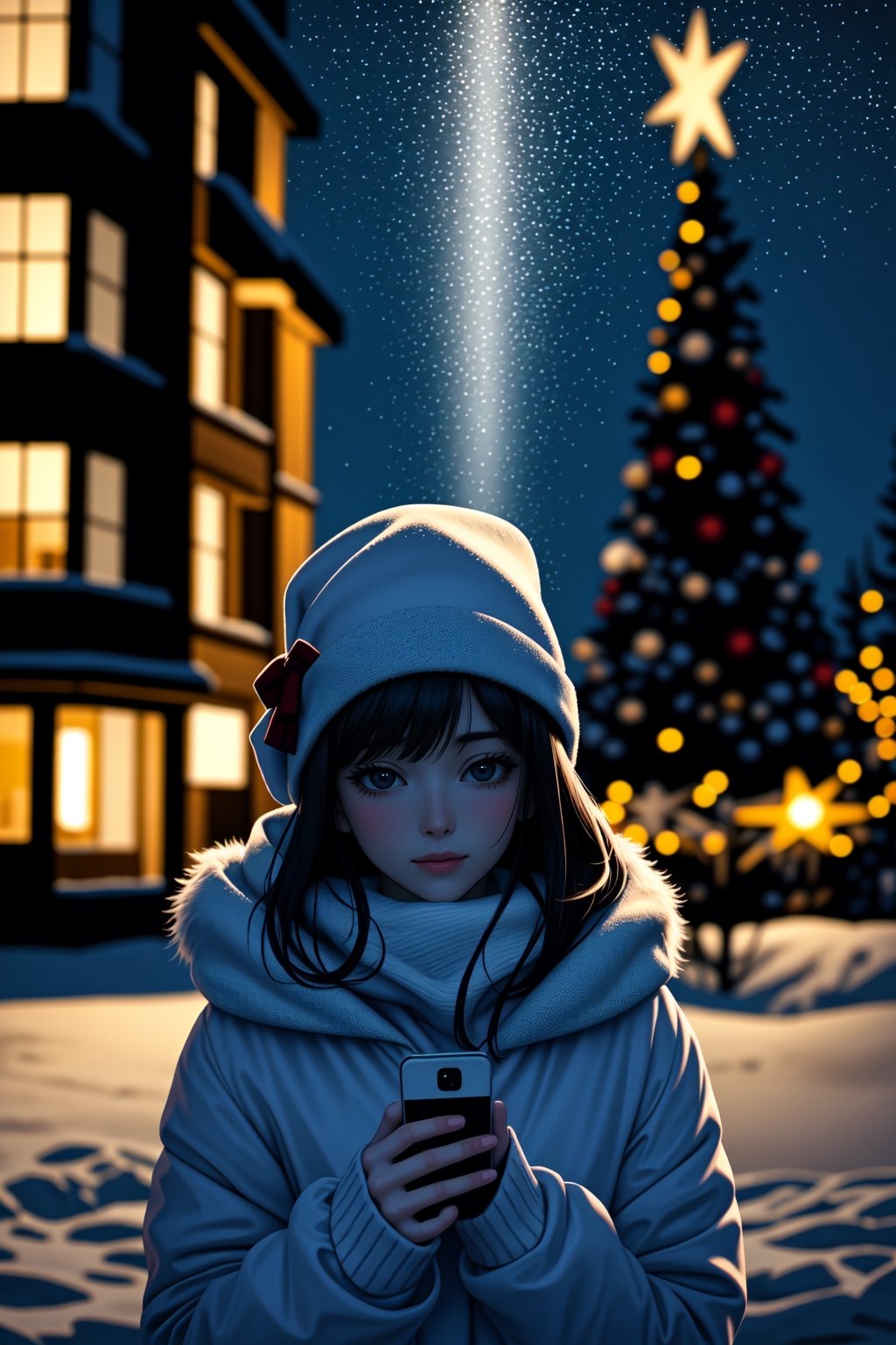 A woman in front of a christmas tree in the snow, night time, stary night, masterpiece, 8k, ultra details,<lora:659111690174031528:1.0>