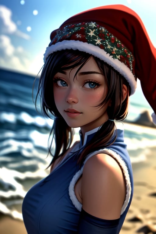 head portrait of a korra, dark skin, dark-skinned female, solo, sleeveless, bare shoulders, (wearing a christmas cap:1.5), in the beach, crashing waves at the background,<lora:659111690174031528:1.0>