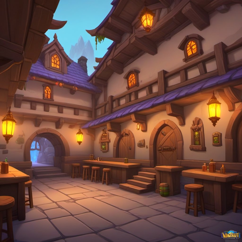 ((Concept Art, Fantasy, World of Warcraft Style, Artstation Style, Hand Painted, Stylized, Beautiful Colors, Game Art, Tavern, Stylized Game)))