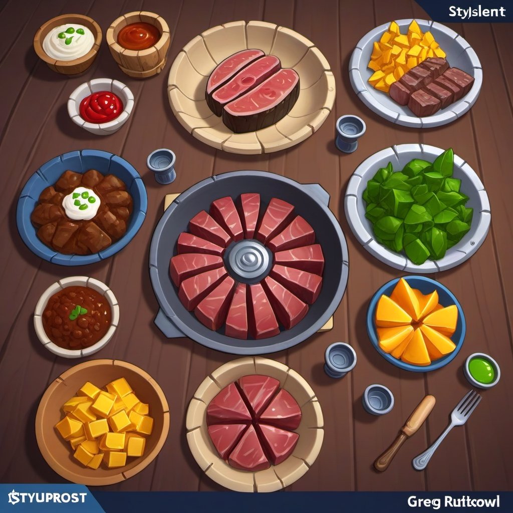 ((Hand Painted, Stylized, Cartoon, Game Prop, Concept Art, Stylized Textures, Hand Painted Textures, Cartoon, Stylized asset, Portrait, more detail XL, greg rutkowski, (world of warcraft style asset, artstation style, stylized station, 3d extrude style, flipped normals style), stylized prop,  cartoon, 3d, cartoon proportions , greg rutkowski, symmetrical, symmetry, (((Stylized food, meal, medieval tavern food, tavern meal, hand painted bowl))), ,greg rutkowski, WOW STYLE, WARCRAFT STYLE, FANTASY TAVERN, TAVERN FOOD, STYLIZED HAND PAINTED, top down camera, perfect camera angle, orthgraphic,Leonardo Style, steak, steak meal, simple steak