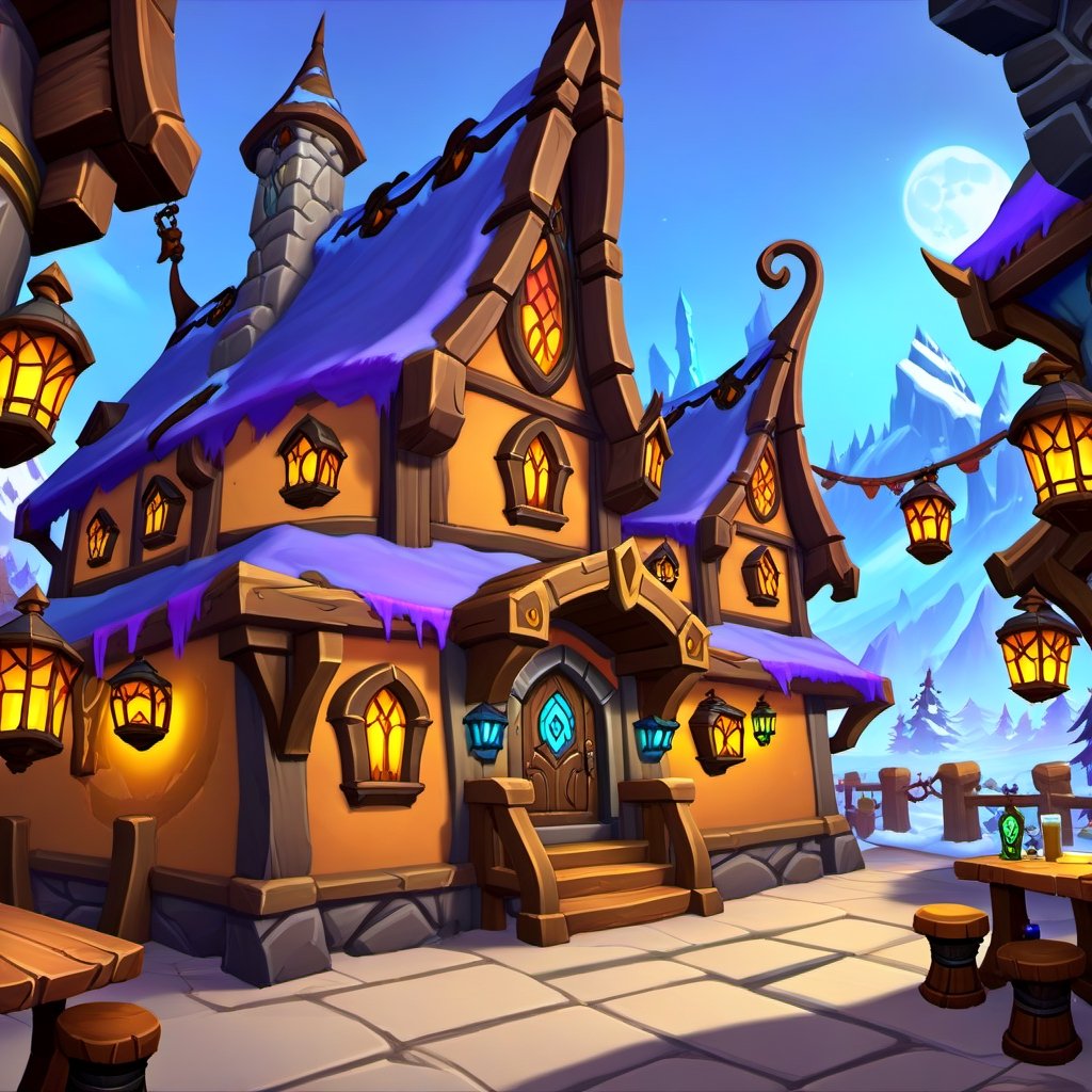 ((Concept Art, Fantasy, World of Warcraft Style, Artstation Style, Hand Painted, Stylized, Beautiful Colors, Game Art, Tavern, Stylized Game)))