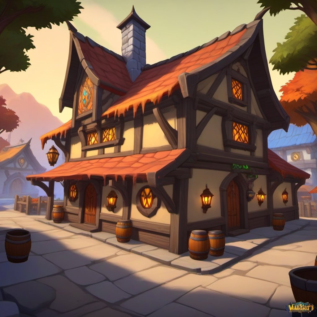 ((Concept Art, Fantasy, World of Warcraft Style, Artstation Style, Hand Painted, Stylized, Beautiful Colors, Game Art, Tavern, Stylized Game)))