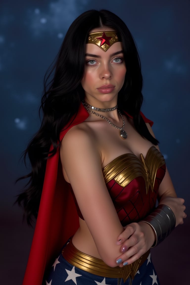 Billie Eilish posing confidently with her dark hair cascading down her back, her bright blue eyes gleaming like stars in the night sky. She wears a sultry Wonder Woman costume from DC Comics, complete with a red and gold tiara, a flowing cape, and a bold red WW logo on her chest. The camera frames her from the side, highlighting the curves of her physique as she strikes a powerful pose, her eyes fixed intently on the viewer.,BillieEilishFlux