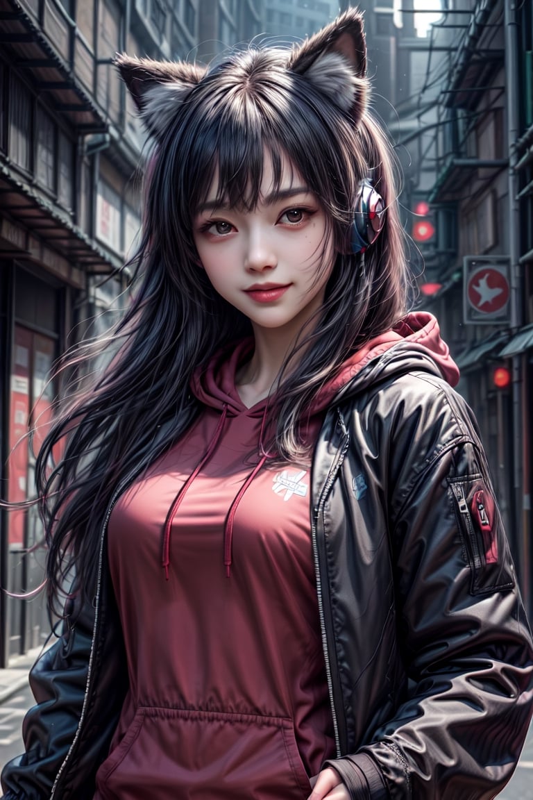  see smile,no mask, masterpiece,best quality,official art, extremely detailed CG unity 8k wallpaper,absurdres,8k resolution,exquisite facial features,prefect face,1girl, solo, long hair, looking at viewer, bangs, shirt, black hair, red eyes, long sleeves, animal ears, jacket, upper body, open clothes, hood, open jacket, black jacket, , headphones, wolf ears, red shirt, clothes writing, hooded jacket, red background, hood up, zipper, drawstring, covered mouth, headphones around neck, red theme, ears through headwear, respirator

,cool