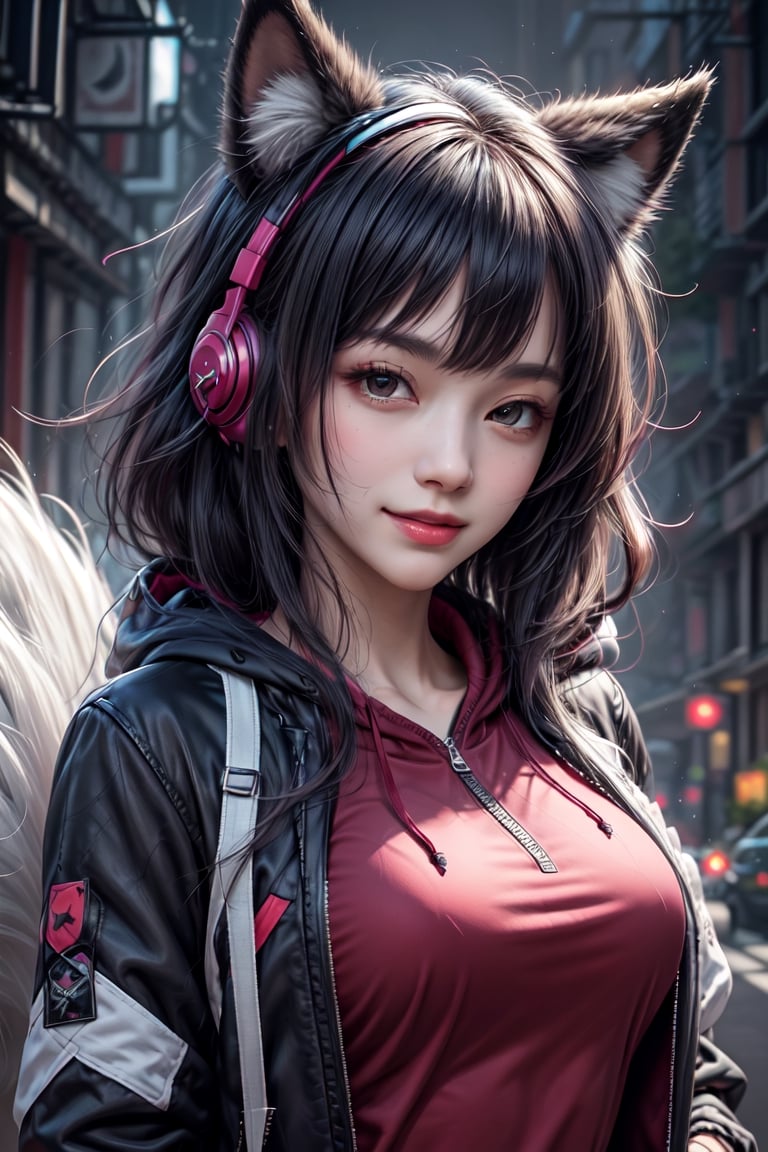  see smile,no mask, masterpiece,best quality,official art, extremely detailed CG unity 8k wallpaper,absurdres,8k resolution,exquisite facial features,prefect face,1girl, solo, long hair, looking at viewer, bangs, shirt, black hair, red eyes, long sleeves, animal ears, jacket, upper body, open clothes, hood, open jacket, black jacket, , headphones, wolf ears, red shirt, clothes writing, hooded jacket, red background, hood up, zipper, drawstring, covered mouth, headphones around neck, red theme, ears through headwear, respirator

,cool