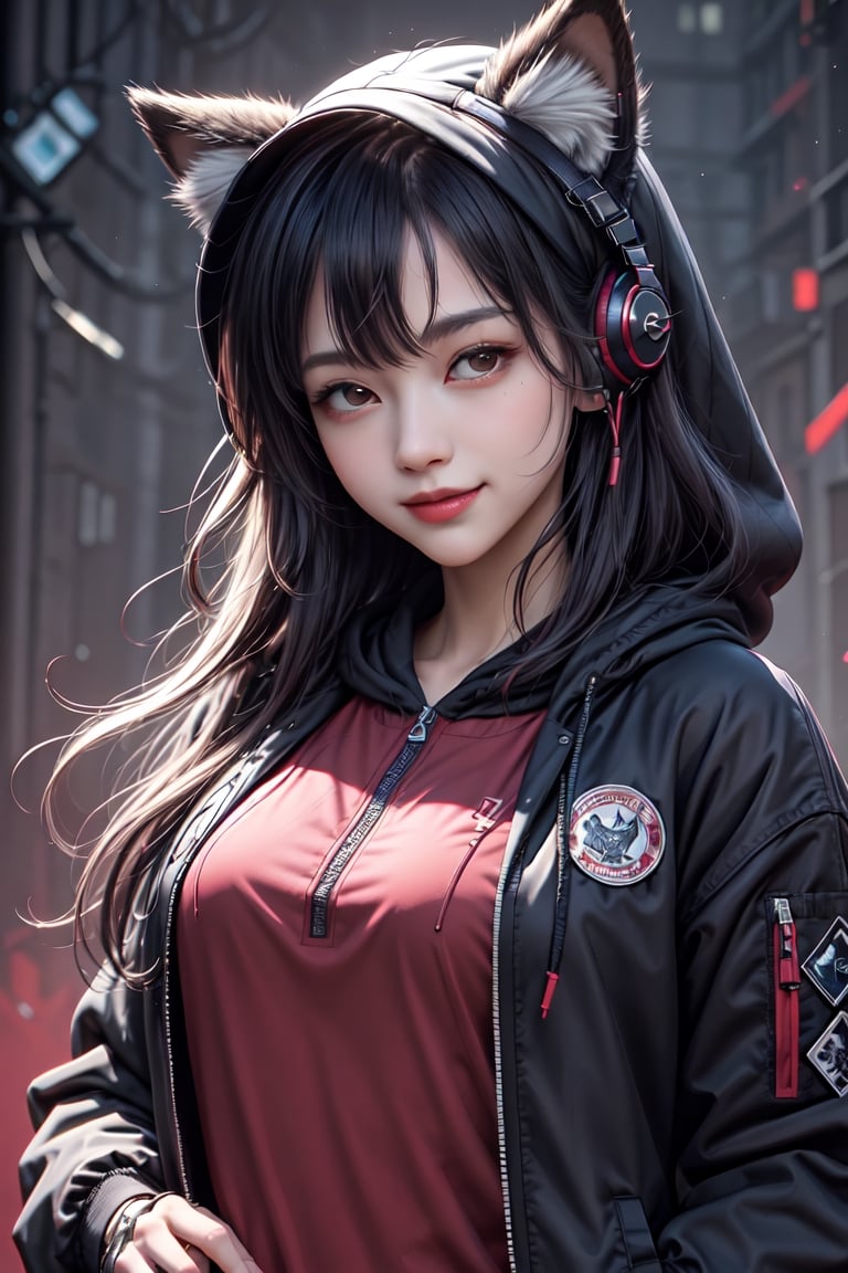  see smile,no mask, masterpiece,best quality,official art, extremely detailed CG unity 8k wallpaper,absurdres,8k resolution,exquisite facial features,prefect face,1girl, solo, long hair, looking at viewer, bangs, shirt, black hair, red eyes, long sleeves, animal ears, jacket, upper body, open clothes, hood, open jacket, black jacket, , headphones, wolf ears, red shirt, clothes writing, hooded jacket, red background, hood up, zipper, drawstring, covered mouth, headphones around neck, red theme, ears through headwear, respirator

,cool